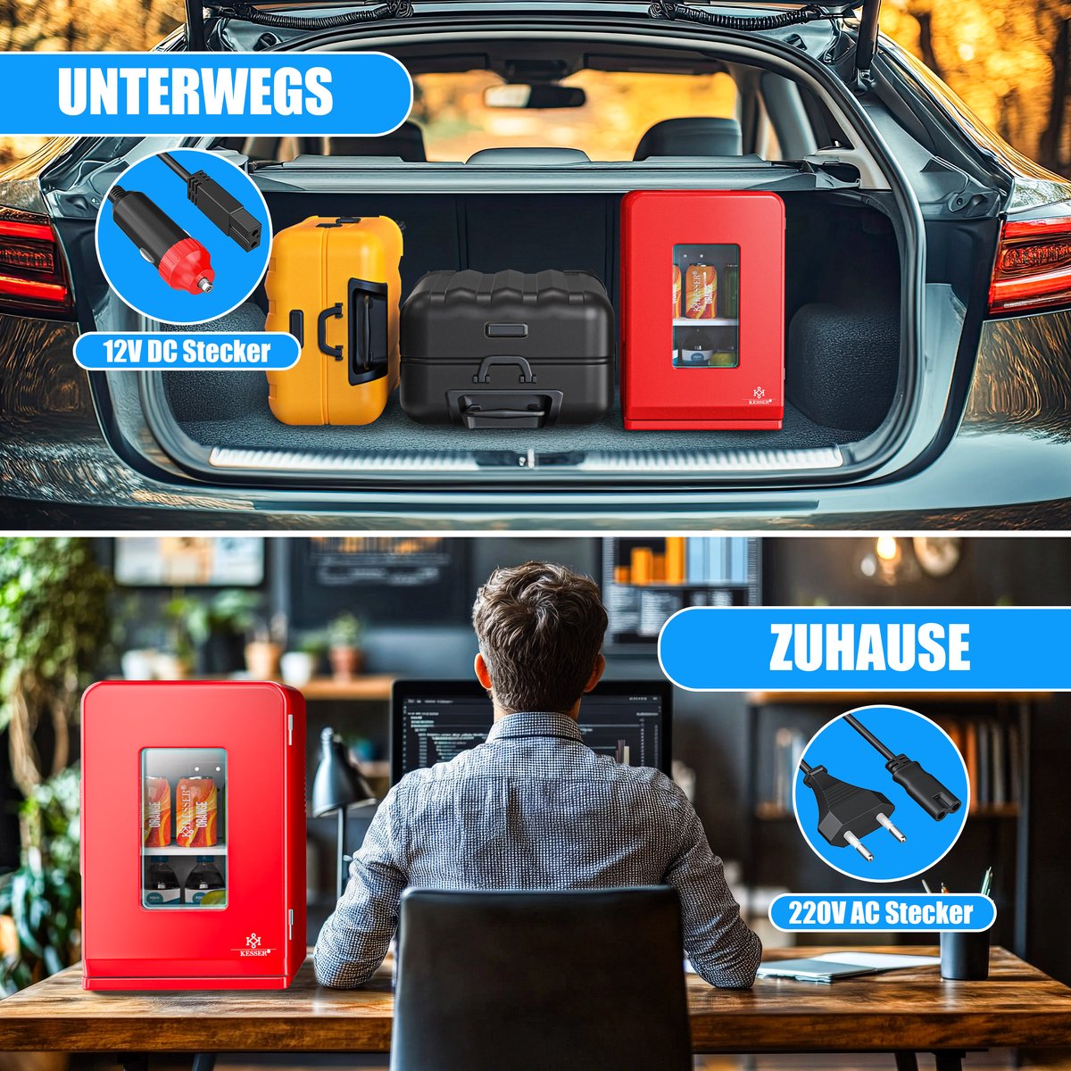 KESSER® Tafelmodel Koelkast 15 Liter AC DC 220-240V en 12V - Mini Koelkast Vrijstaand met Verwarmingsfunctie - Koelbox ideaal voor Auto en camperen - Rood