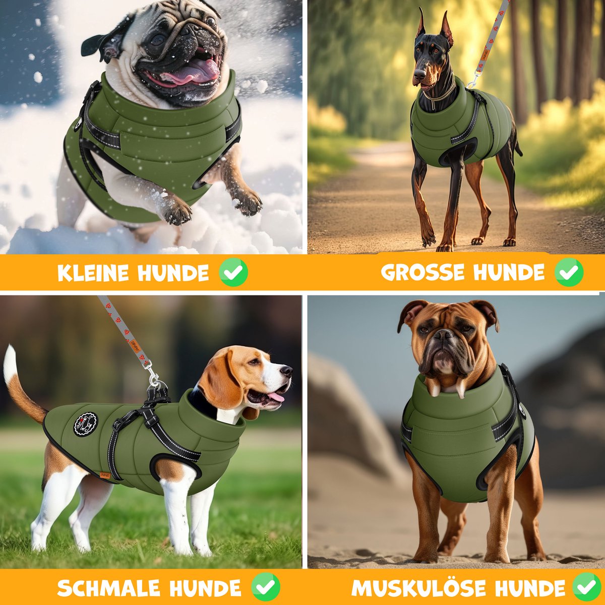 LOVPET® Hondenjas Hondenvacht met Harnas Waterafstotend, incl. 45 Stuks Poepzak + Dispenser, Winter Vest Hond Waterdicht Gevoerd, Gewatteerd Vest Met Borstband, Reflectoren, D-Ring - Khaki / L