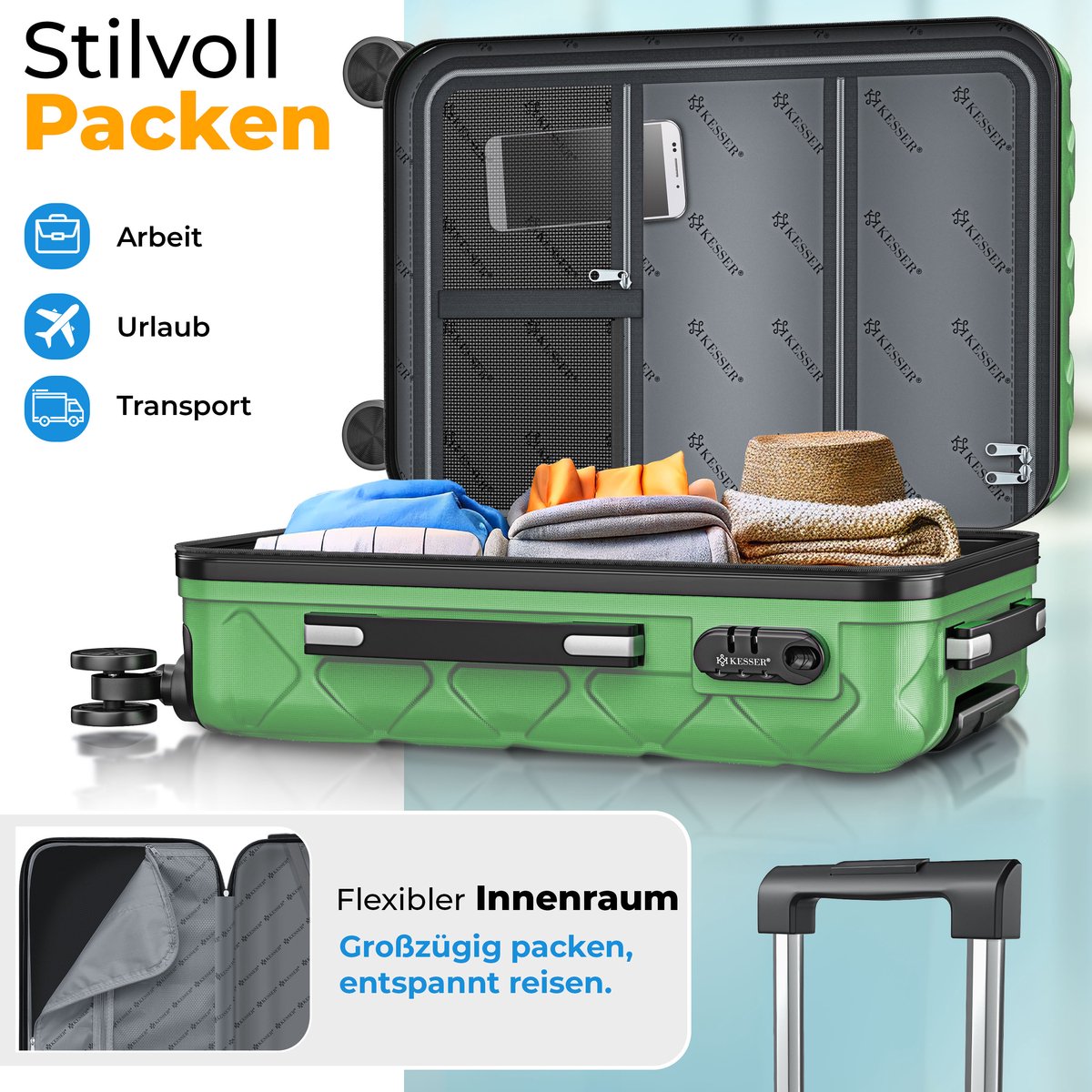 KESSER® Reiskofferset - 3-delig - ABS- Kofferset - Groen