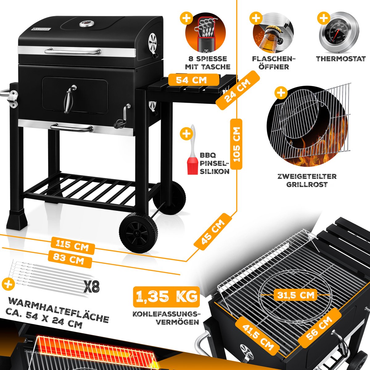 KESSER® XL Houtskoolbarbecue - BBQ - RVS Handvat - Zwart