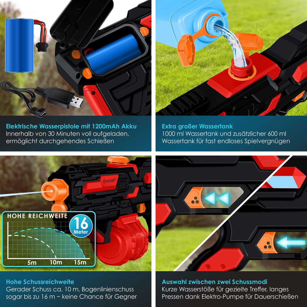 KESSER® Elektrisch Waterpistool met Batterij Spuitpistool 1000 ml + 600 ml Extra Tank Groot Waterspuitpistool voor Kinderen en Volwassenen, Watergun Zeer Krachtig 8m Bereik, Buitenspeelgoed - Zwart / Rood