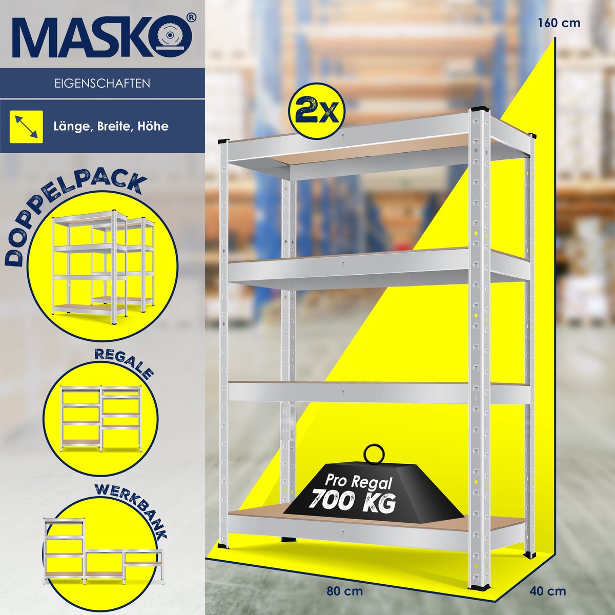 MASKO® Opbergrek - Stellingkasten - Set van 2 - Tot 1400kg - Zilver •