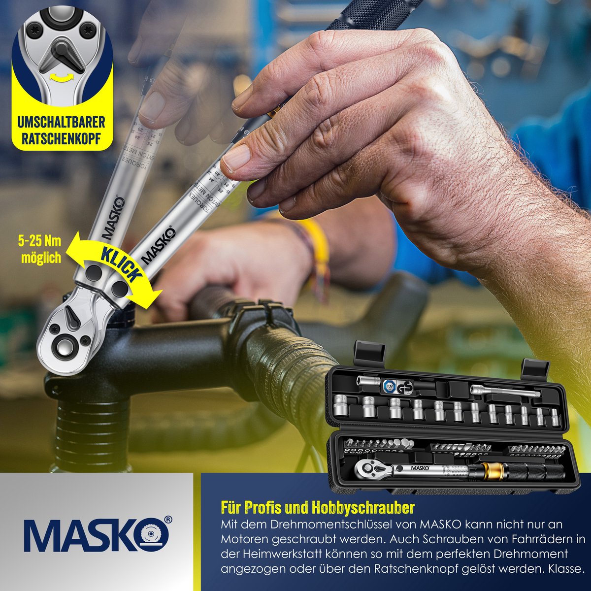 MASKO® Momentsleutel - Gereedschapset - Ratelset 5-25Nm - Goud