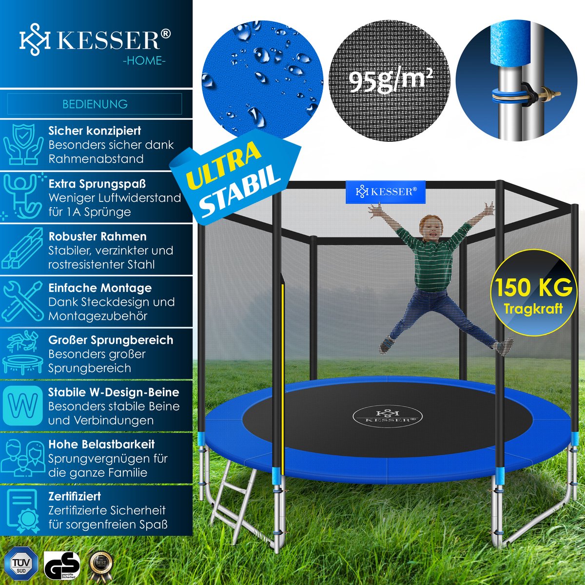 KESSER® Trampoline 366 cm - Veiligheidsnet en Ladder - tot 150 kg belasting - Blauw