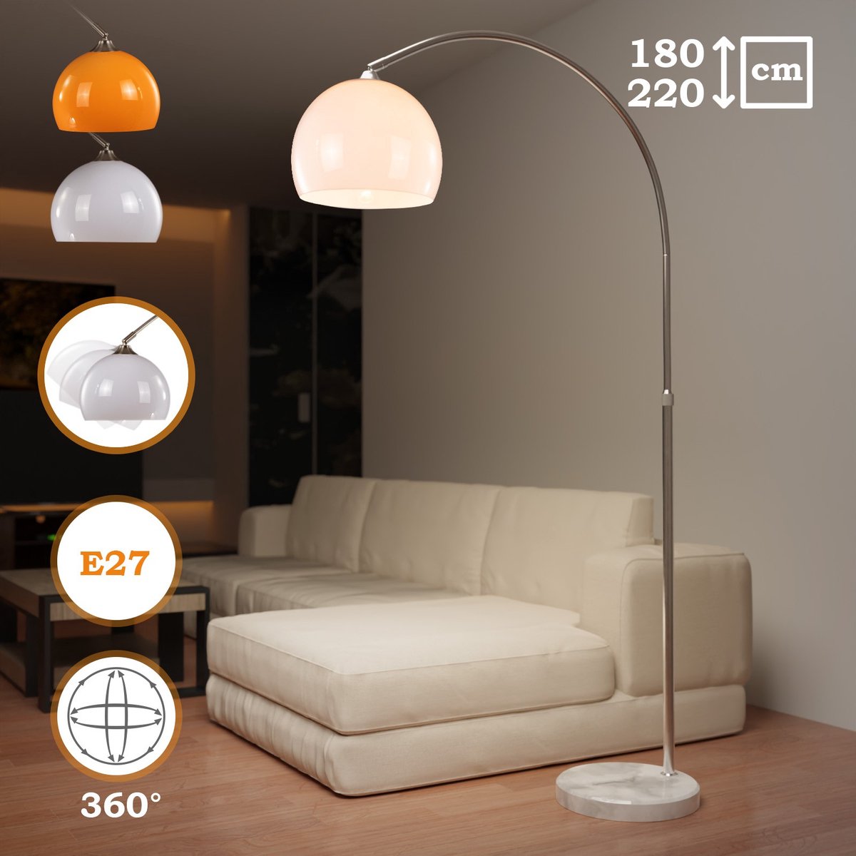 Jago - Booglamp - Hoogte Verstelbaar - LED E27 - Max 60W - Roestvrij staal - Vloerlamp - Hoogte 130-180 cm - Wit (Copy)