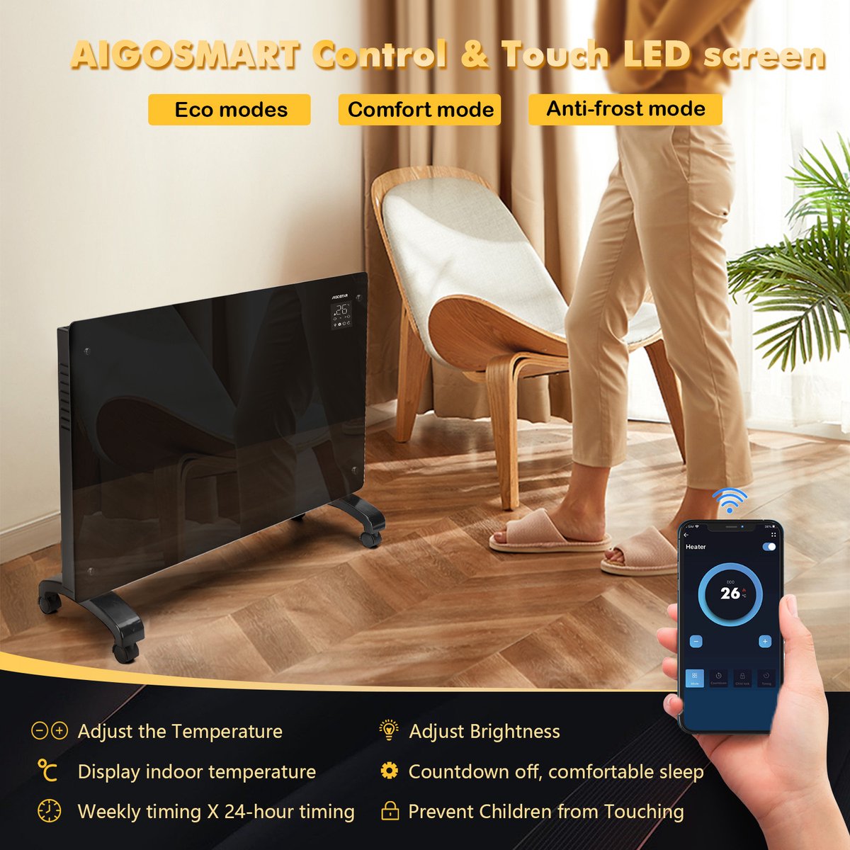 Aigostar Helen Smart 33HP0 - Elektrische Kachel - Convectorkachel met thermostaat en Afstandsbediening - Paneelverwarming - tot 20 m² - 1000/2000W - Zwart •