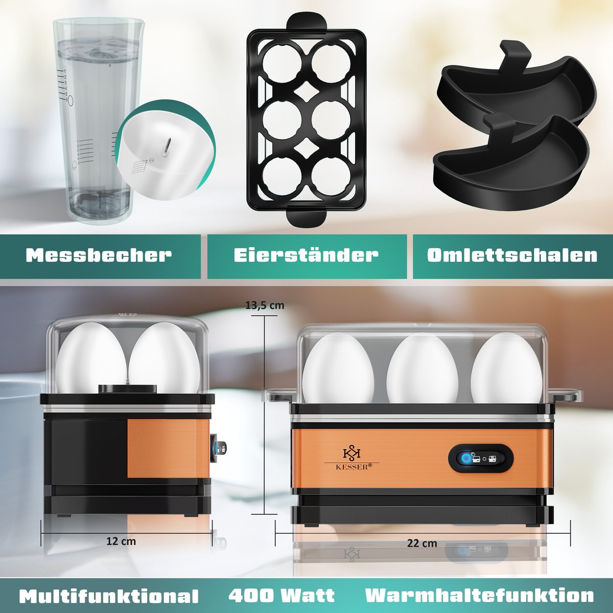KESSER® Eierkoker electrisch voor 6 Eieren | Elektrische Eierkoker 400W van roestvrij staal met Timer en Maatbeker & 2x kom voor omelet BPA-vrij - Zwart / Koper •
