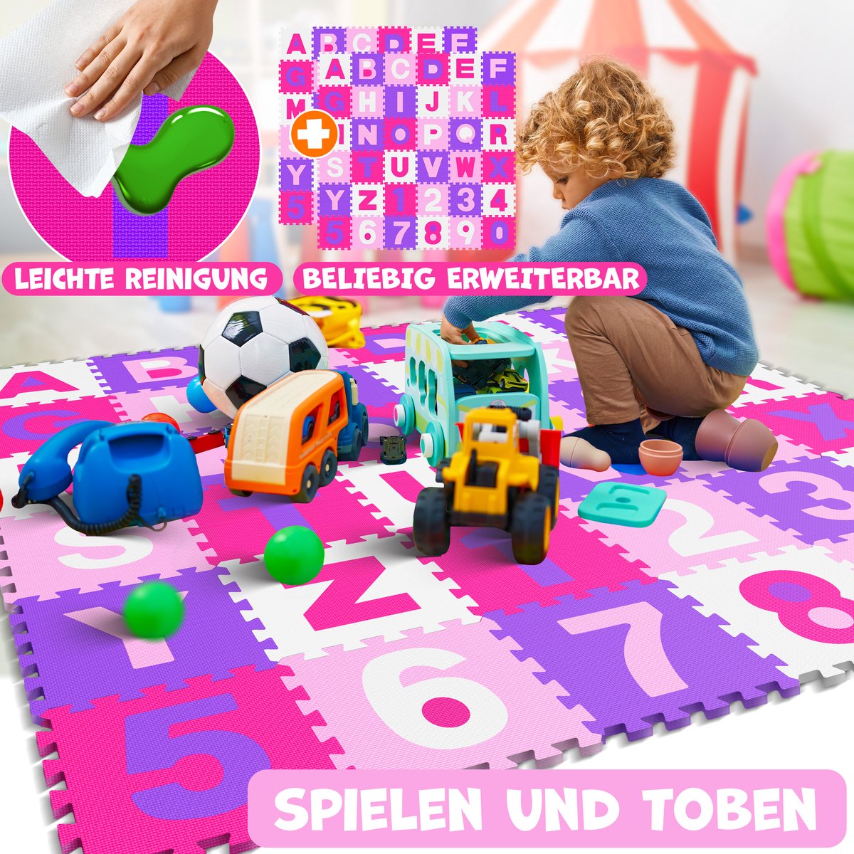 KIDIZ® 86-Delige Puzzelmat Speeltapijt Schuimmat Kindertapijt, Puzzel Cijfers en Letters Beschermende Mat - Roze