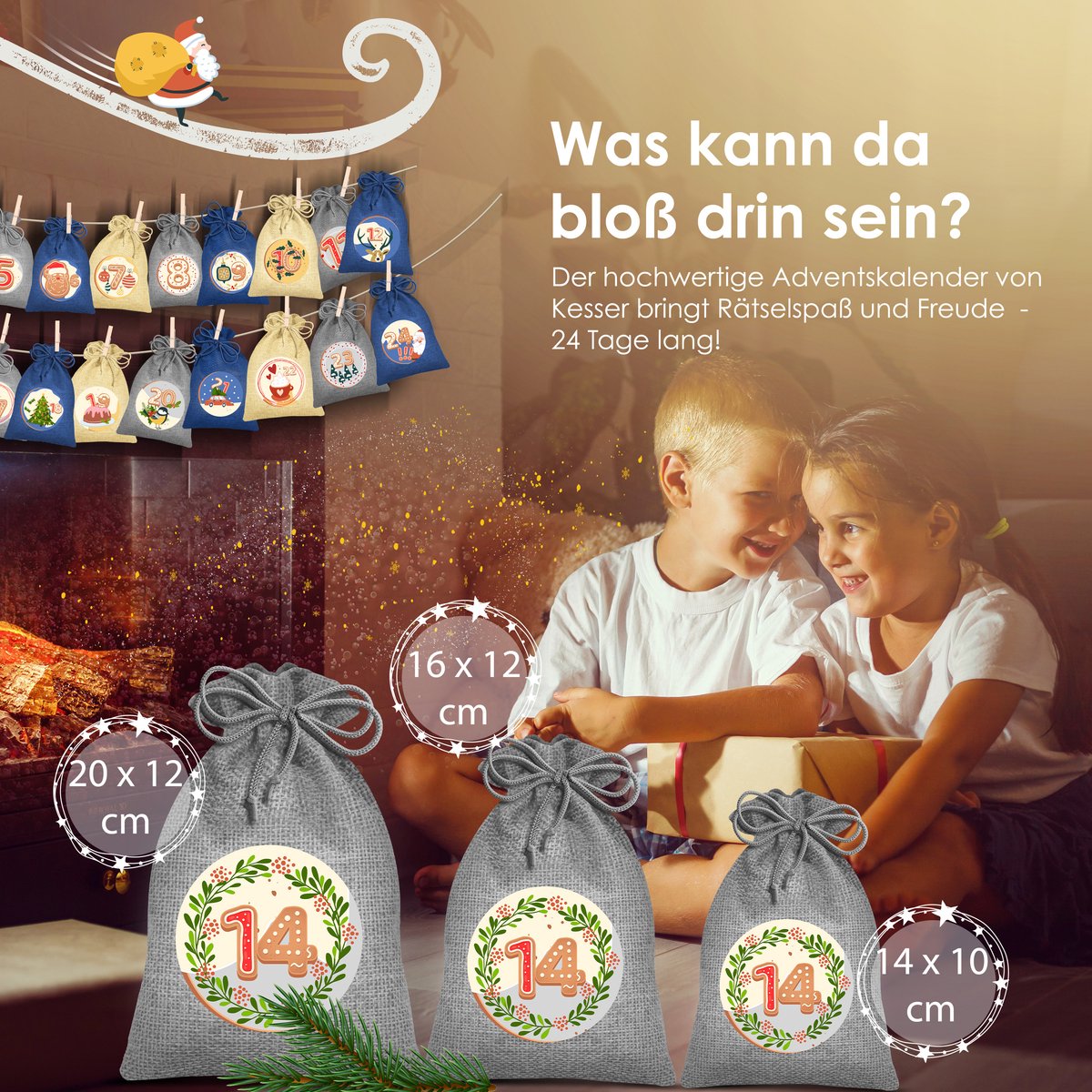 KESSER® Adventskalender om zelf te vullen 24 Jute Zakjes Bedrukte Stoffen Kerst Zakjes Incl. 24x Labels + 1 Grote Stoffen Opbergzak Advent Kalender - Blauw / Gekleurd - 16cm x 12cm