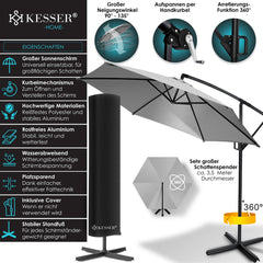Zweefparasol - Tuinparasol - Parasol 350 cm - Met voet - Met Parasolhoes - Lichtgrijs - KESSER®