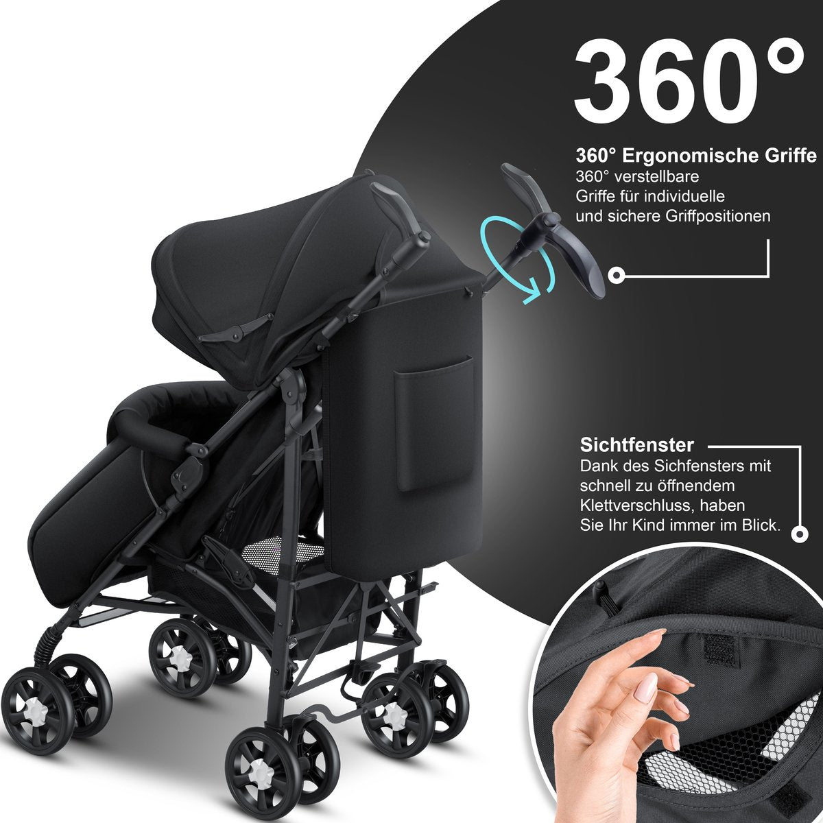 KIDIZ® Kinderwagen / Wandelwagen City-Pro Buggy Kinderbuggy Opvouwbaar Liggende wandelwagen Kinderwagen Opvouwbaar 360° 6-inch wielen Incl. muggennet, voetenzak en regenhoes Opvouwbaar Slaapfunctie - Zwart