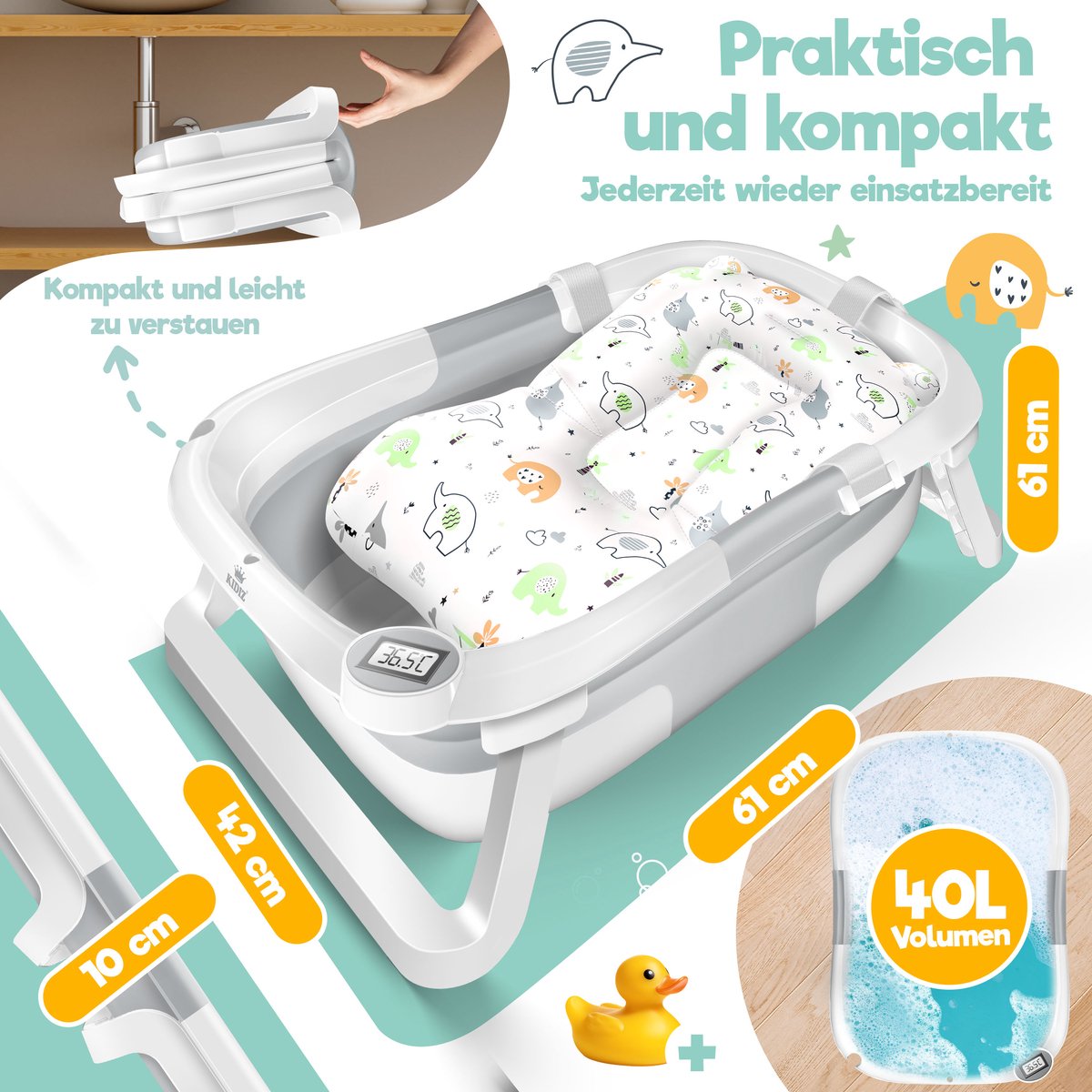 KIDIZ® Babybadje Opvouwbaar met Thermometer - 0-12 Maanden - Lichtgrijs