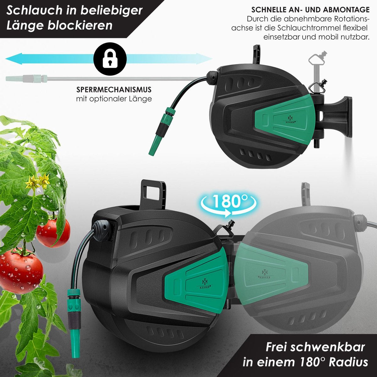 KESSER® Tuinslanghaspel Automatische Wandslangenbox inclusief 30 meter Tuinslang en Muurbevestiging - Blauw