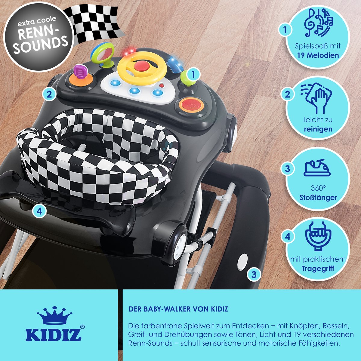 KIDIZ® 4in1 Baby walker - Loopstoel - Loopwagen - Opvouwbaar - Zwart