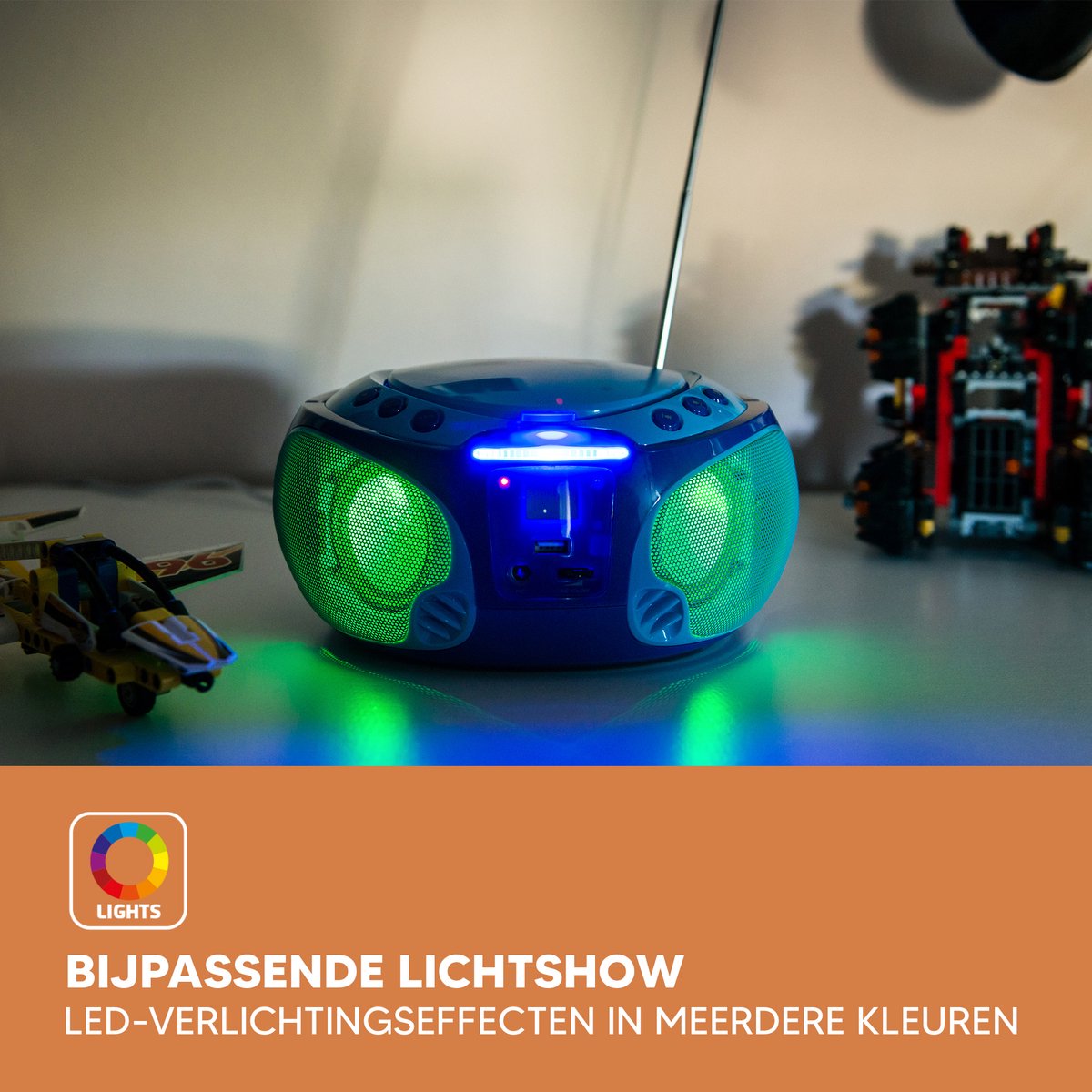 Lenco SCD-650BU - Draagbare radio CD speler met karaokemicrofoon en LED - Blauw •