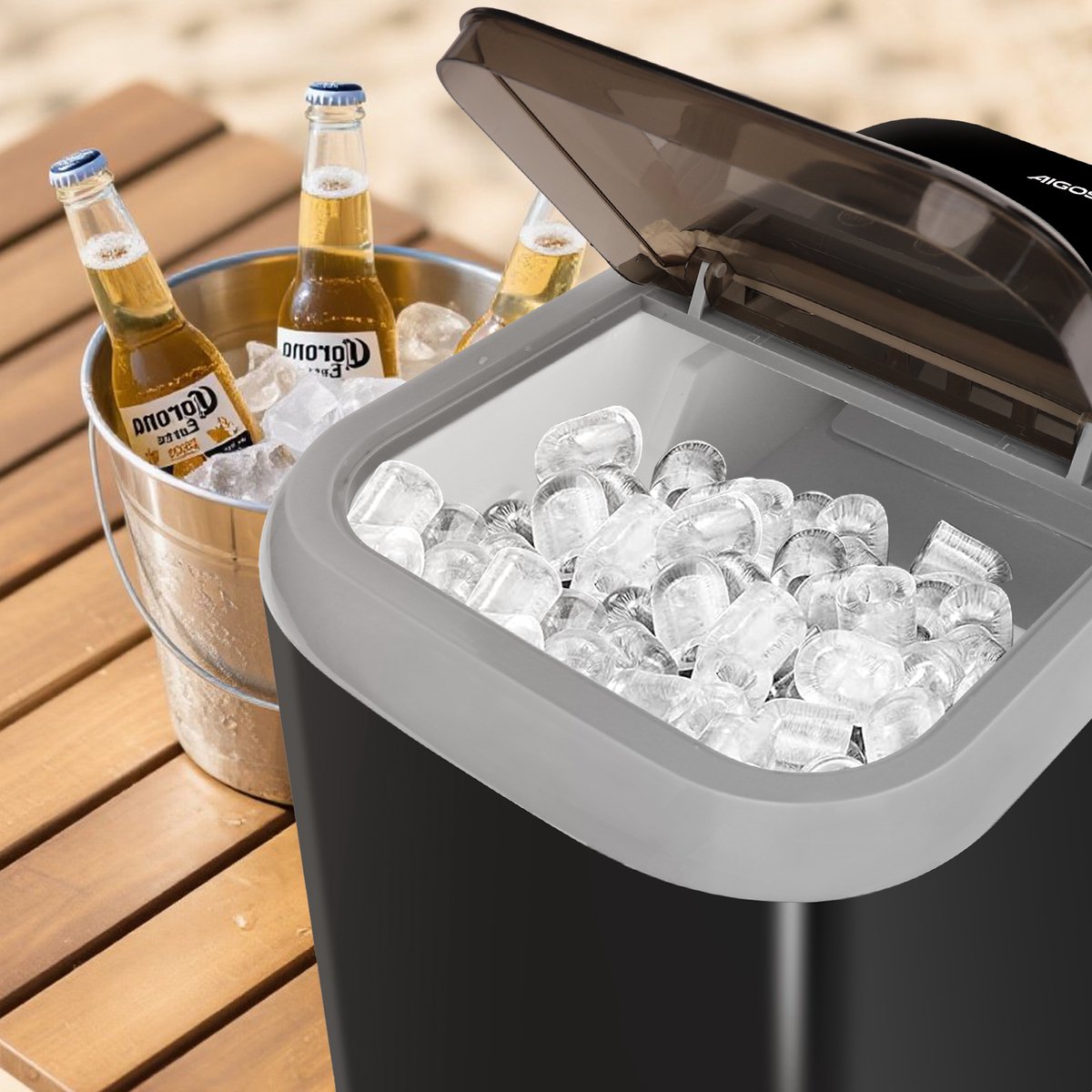 Aigostar IJsblokjesmachine – 1.5L -14kg/24 uur – IJsblokjesmaker met IJsschep – Zelfreinigingsfunctie - Draagbaar - Zwart