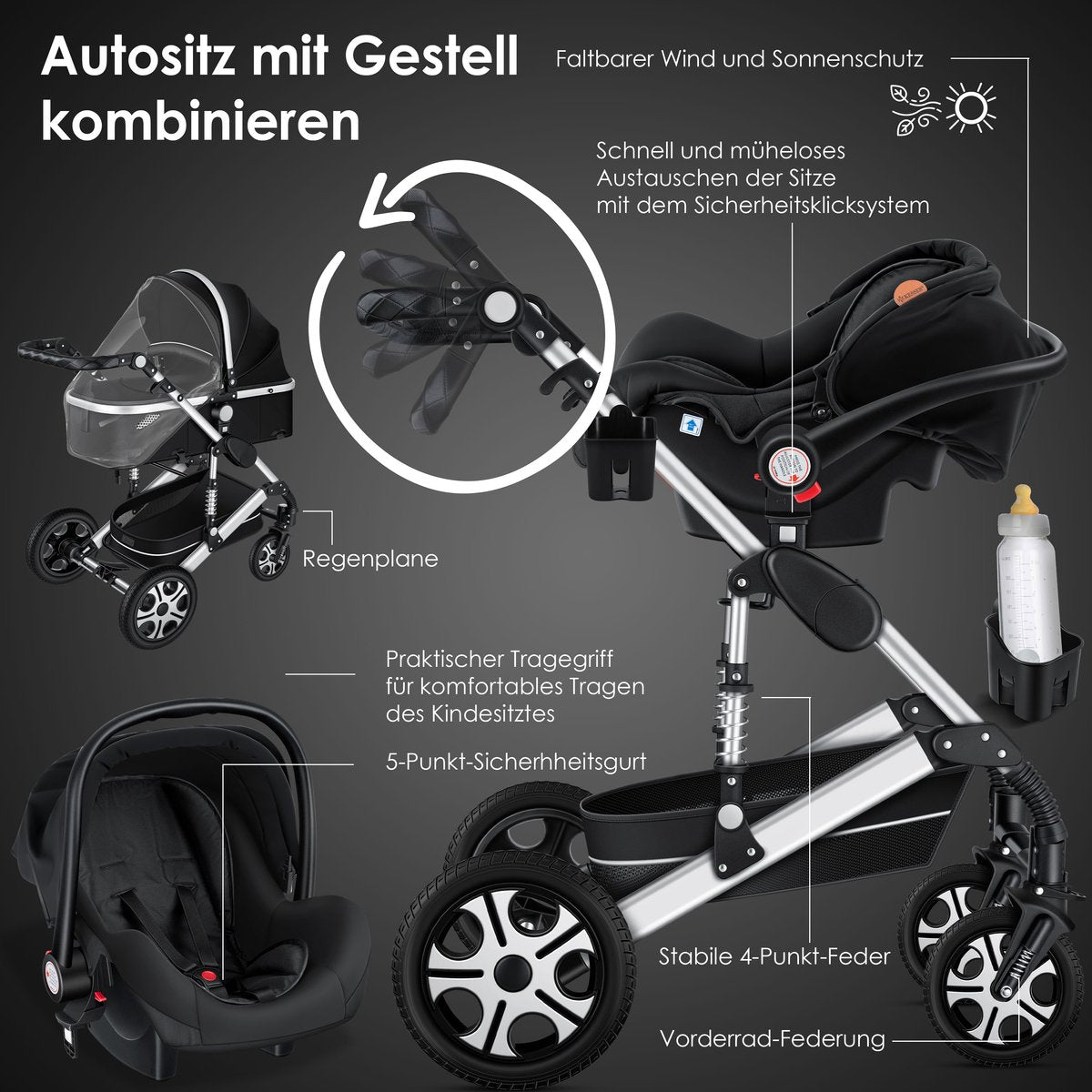 Kinderwagen 3 in 1 - Buggy - Wandelwagen - Kinderbuggy - Zilver - KESSER®
