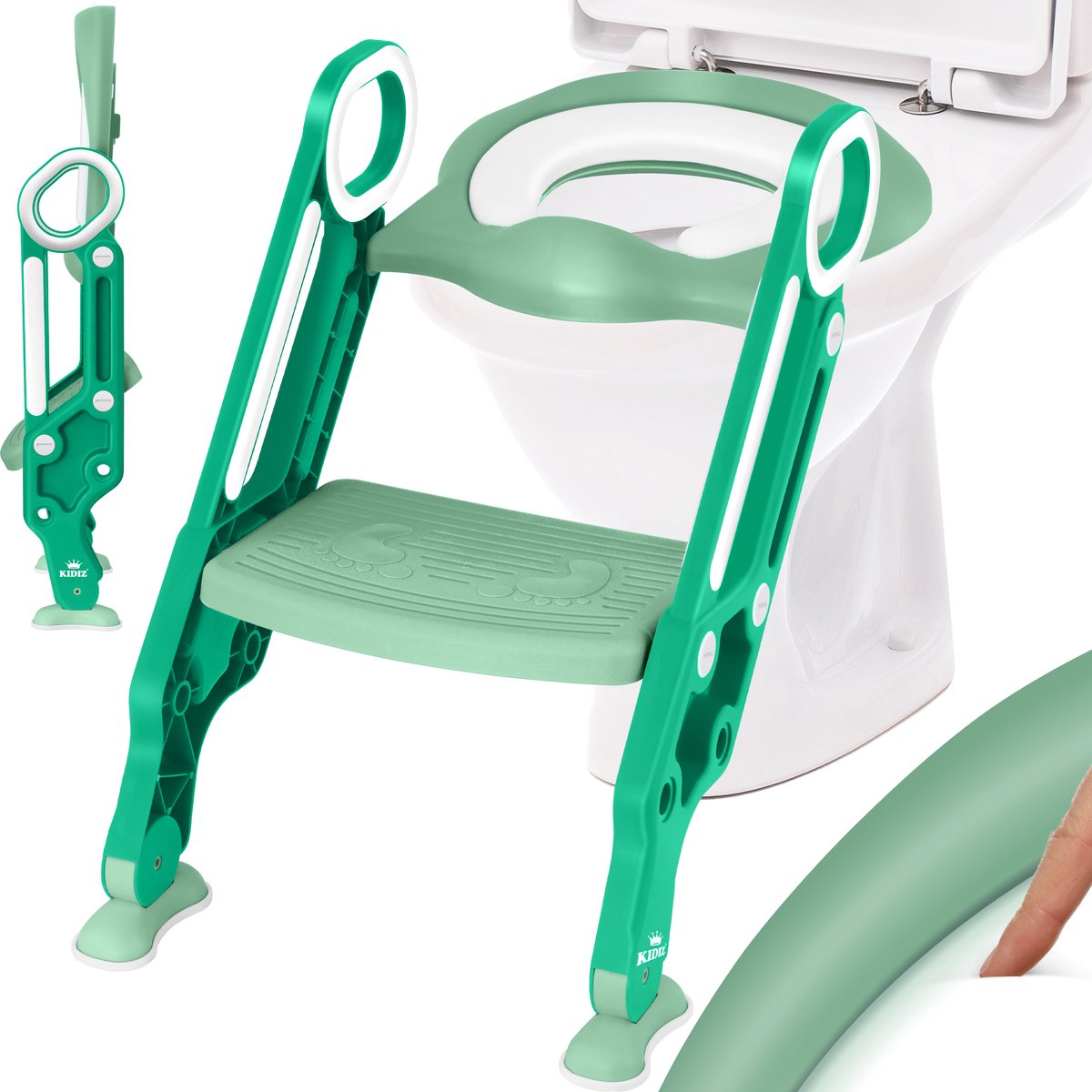 KIDIZ® Toiletbril voor kinderen Kindertoiletbril Toilettrainer met Trap en Handgrepen Opvouwbare Kindertoiletbril Potjestrainer Leren Potje Comfortabel Kussen en Brede Treden Toilettrappen In Hoogte Verstelbaar - Groen