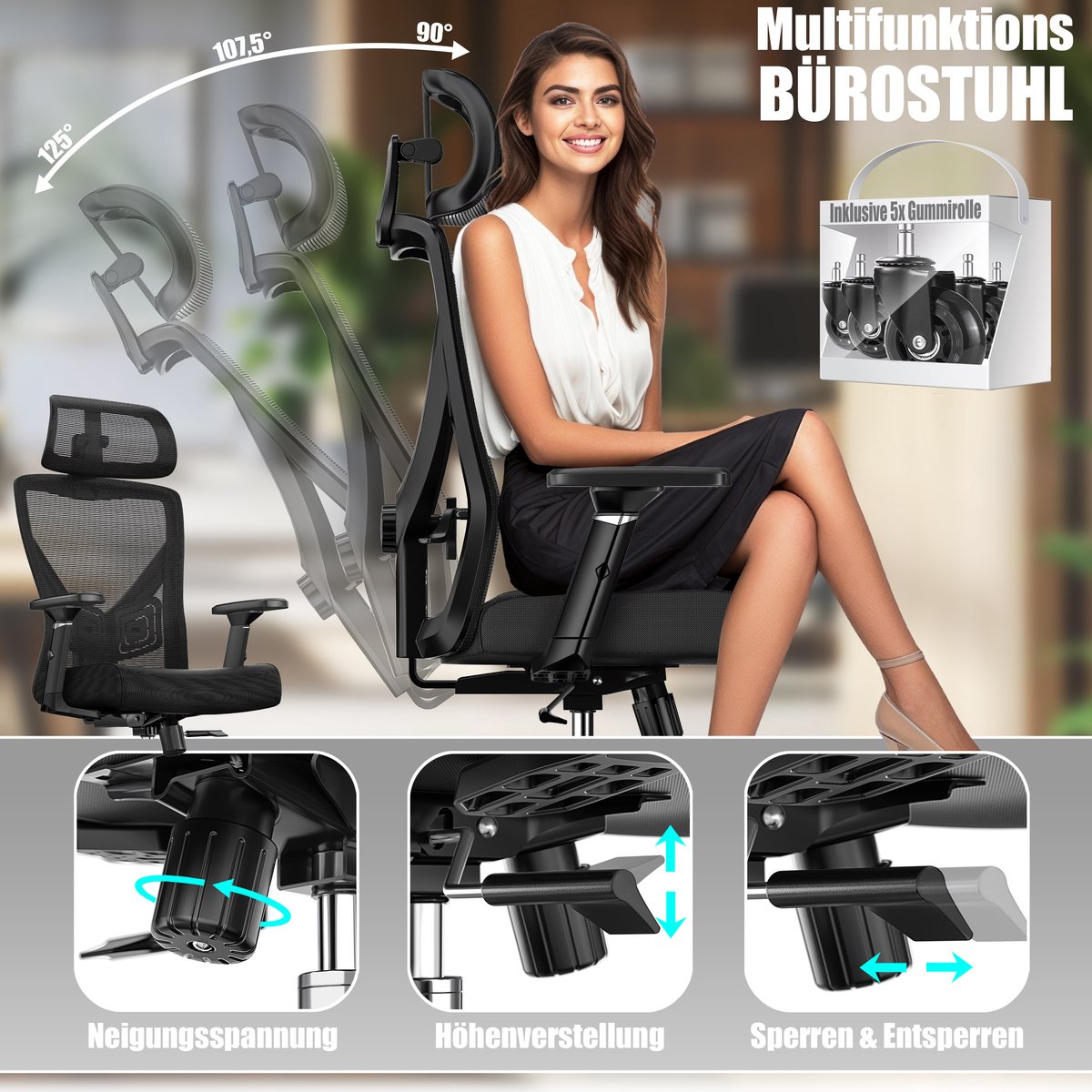 KESSER® Bureaustoel | Ergonomische Bureaustoelen voor Volwassenen | verstelbare rugleuning | in hoogte verstelbaar | Hoofdsteun & Lendensteun | office Chair met 5x rubberen wielen - Zwart / Zilver