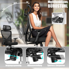 KESSER® Bureaustoel | Ergonomische Bureaustoelen voor Volwassenen | verstelbare rugleuning | in hoogte verstelbaar | Hoofdsteun & Lendensteun | office Chair met 5x rubberen wielen - Zwart / Zilver
