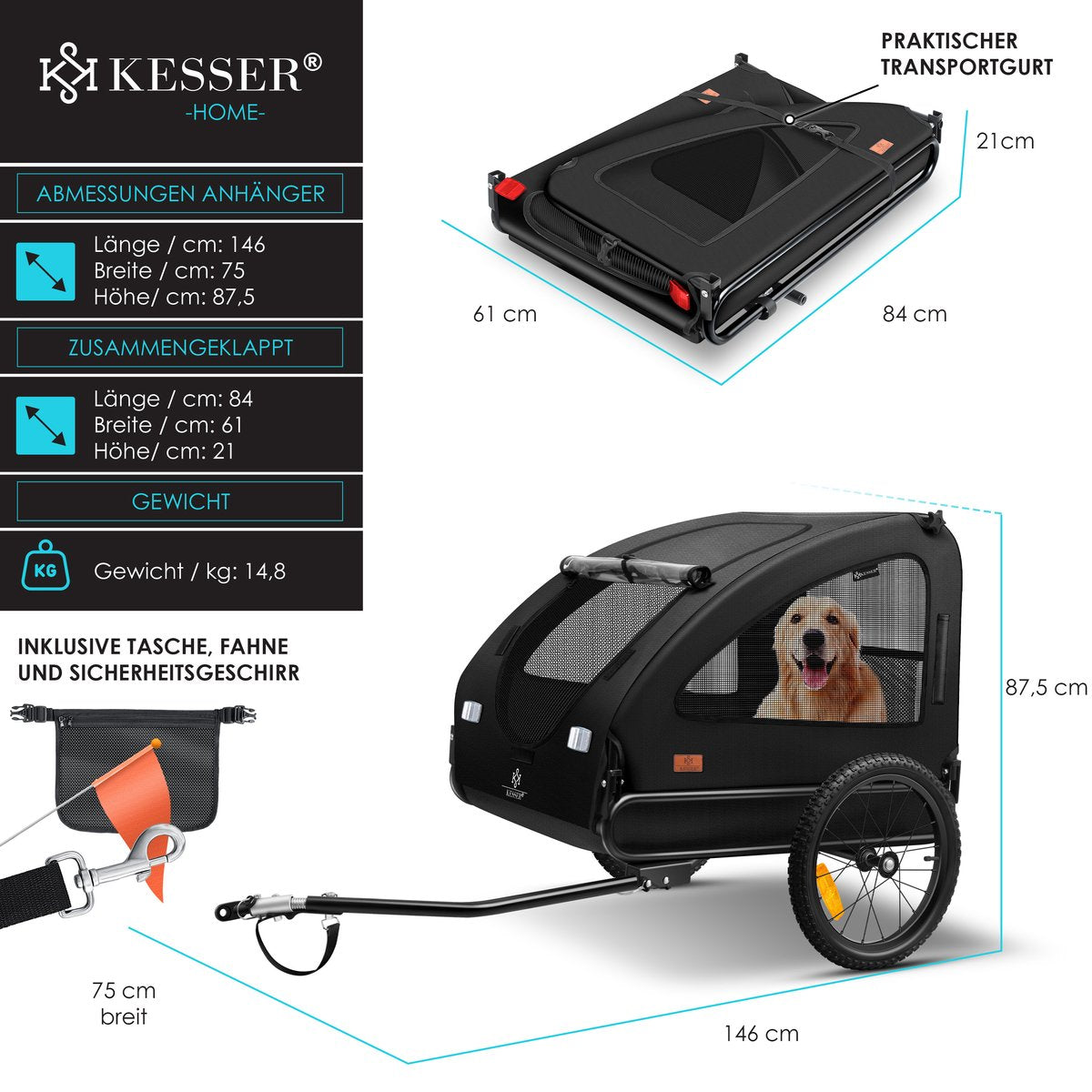 KESSER® Hondenfietskar tot 45 kg 2in1 Fietskar Hond - Zwart •