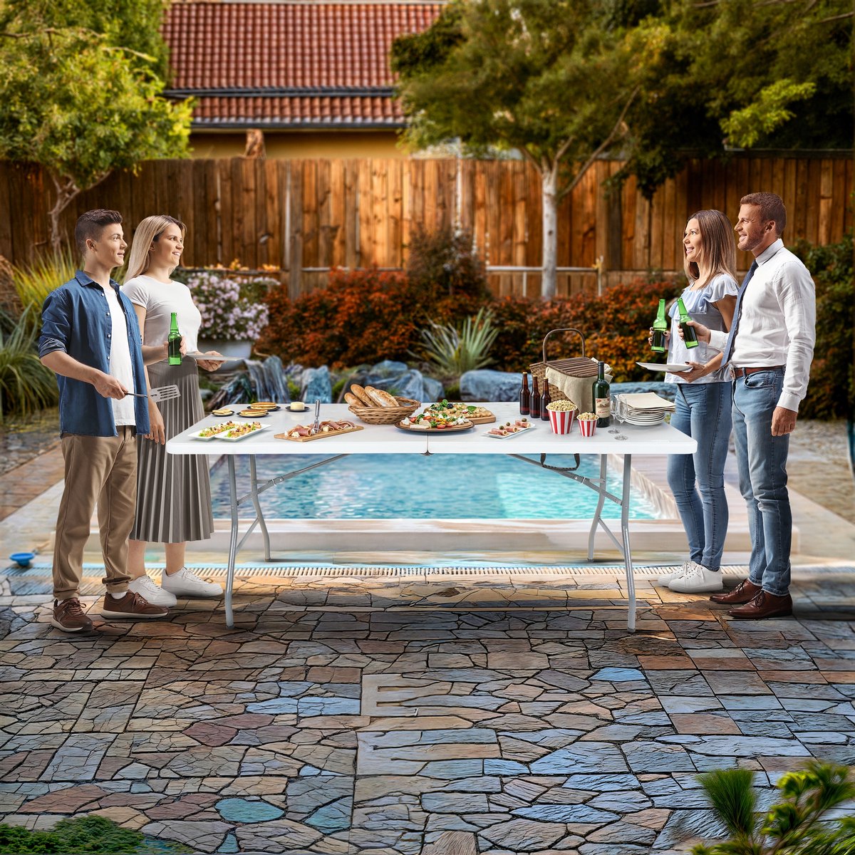 AREBOS Klaptafel - Inklapbare tafel - Campingtafel - Vouwtafel - Weerbestendig - Wit - 182 × 74 × 74 cm - 8 personen