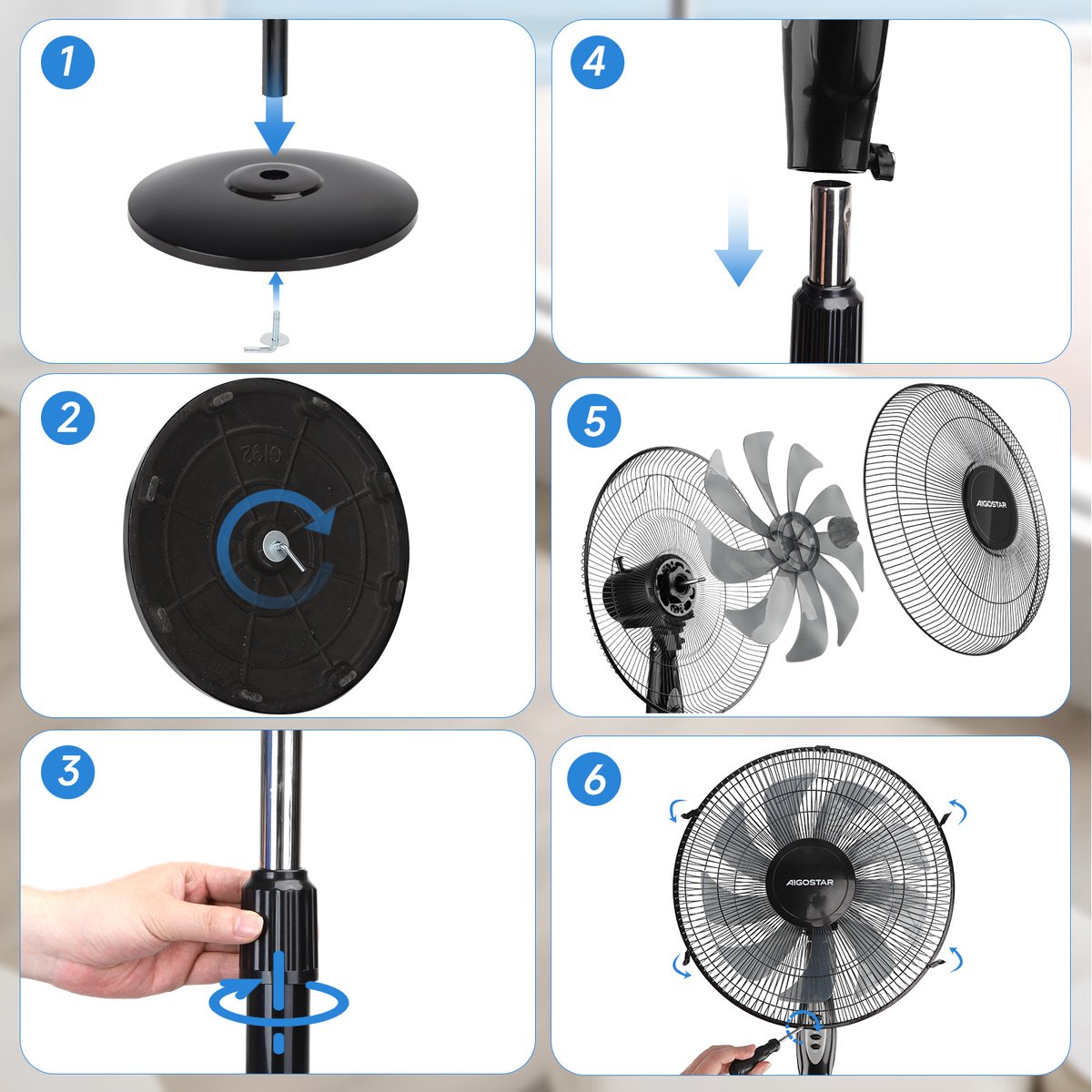 Aigostar Statiefventilator - Ventilator Staand - Verstelbaar - 60W - Zwart •