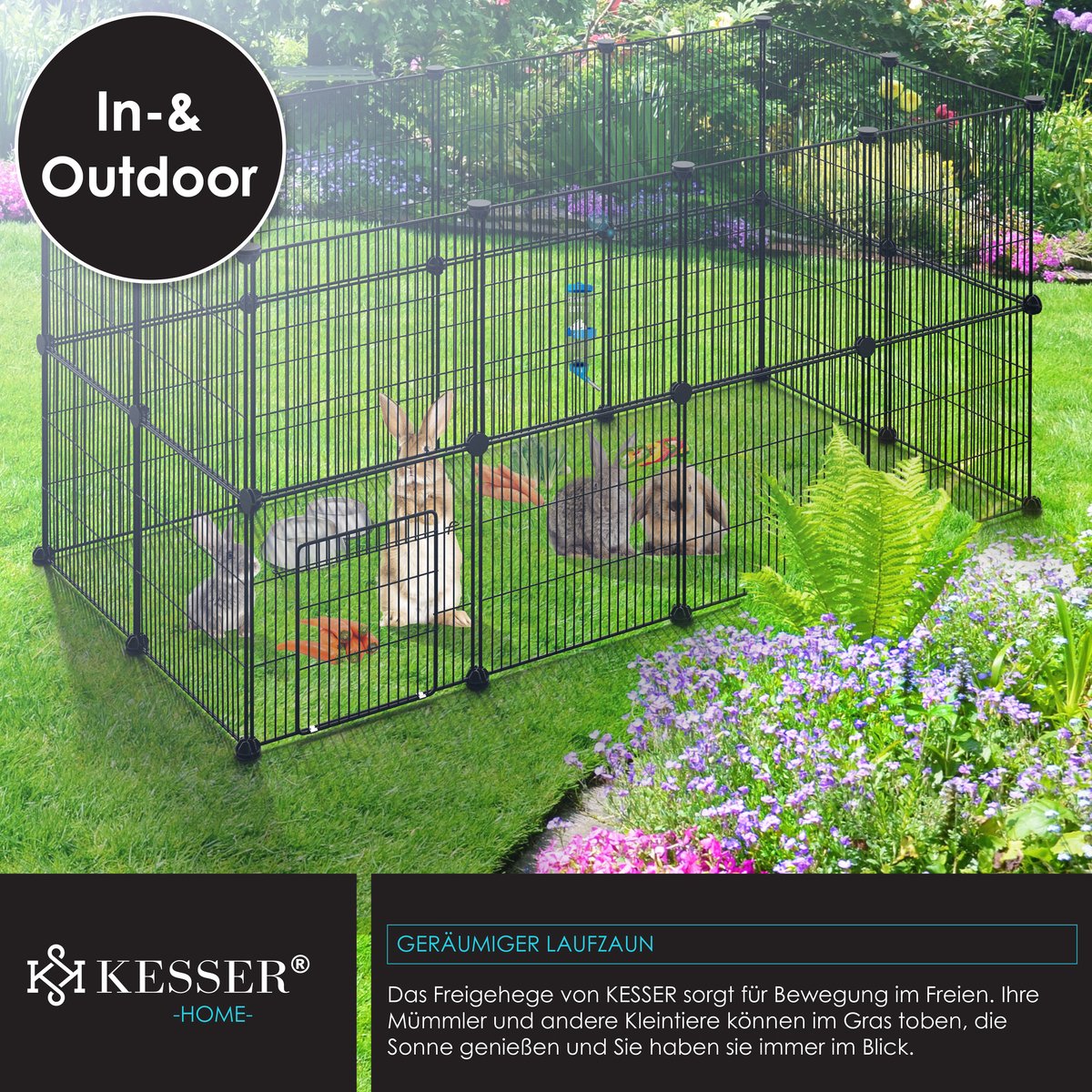 KESSER® Konijnenren - Konijnenhok - 36x216x216 cm - Binnen & Buiten - Zwart