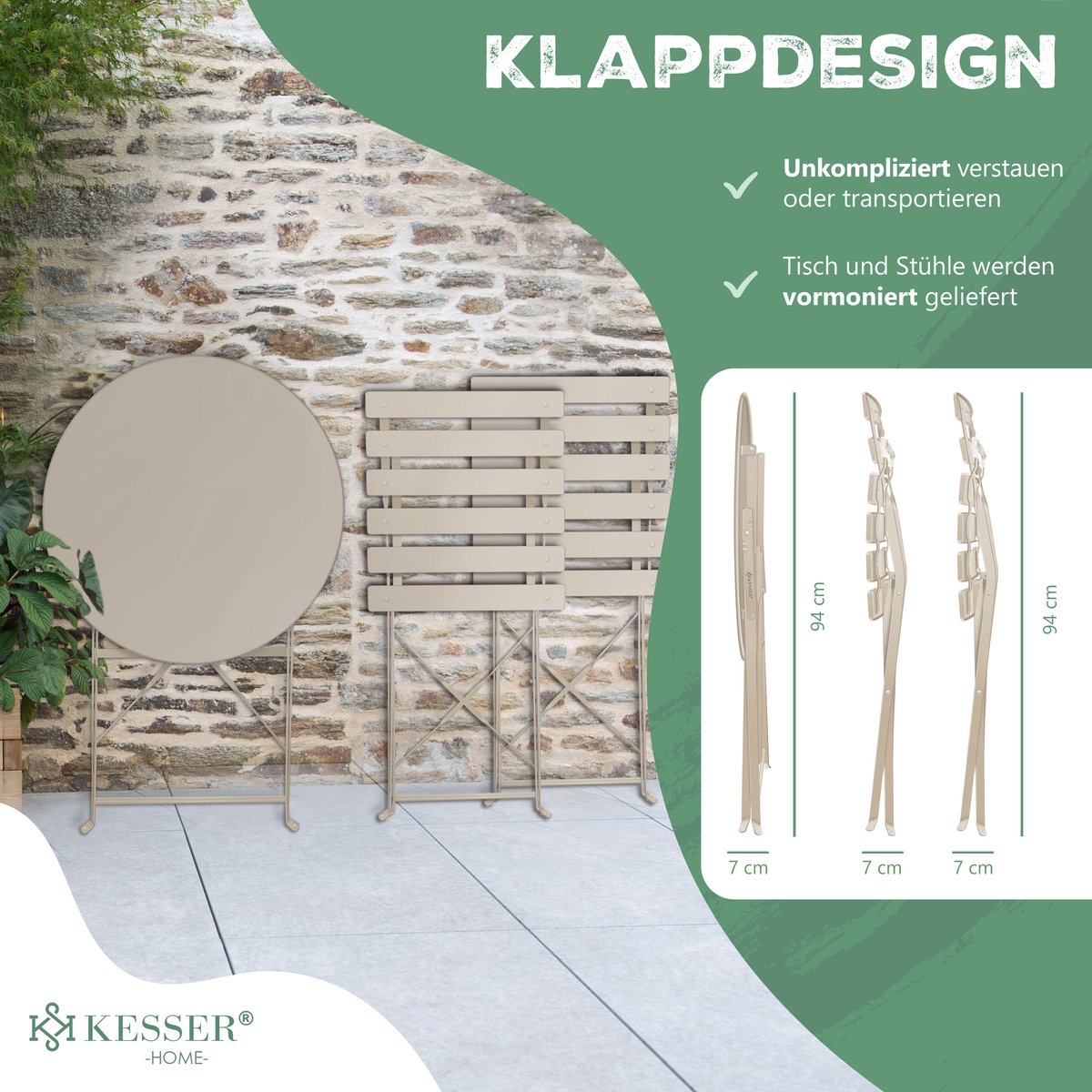 KESSER® Bistroset 3-delige Tafel met 2 inklapbaar stoelen - Balkonset Bistrotafel Bistrostoel Vouwmeubels Tuinset Zitgroep Metalen Tuintafel - Cappuccino