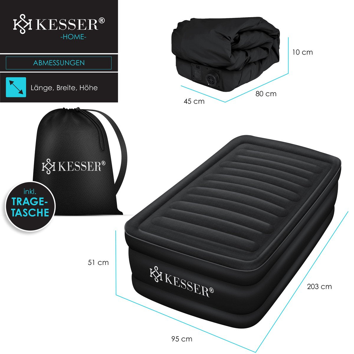 Luchtbed - 1 Persoons - Luchtmatras met pomp - Opblaasbed - Zwart - KESSER® •
