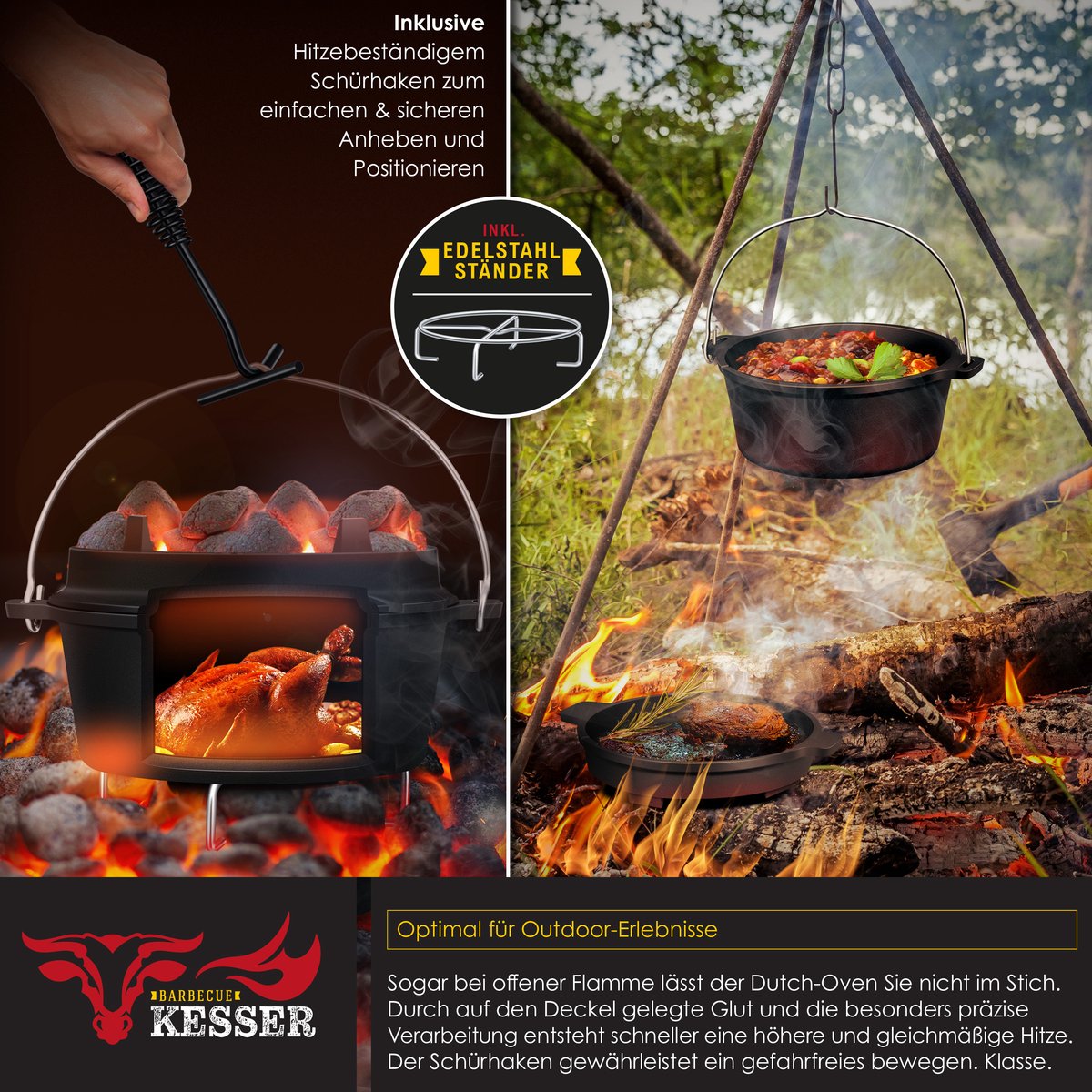 KESSER® Dutch Oven Set - 9L - Vuurpan - Stoofpan - Gietijzeren pan
