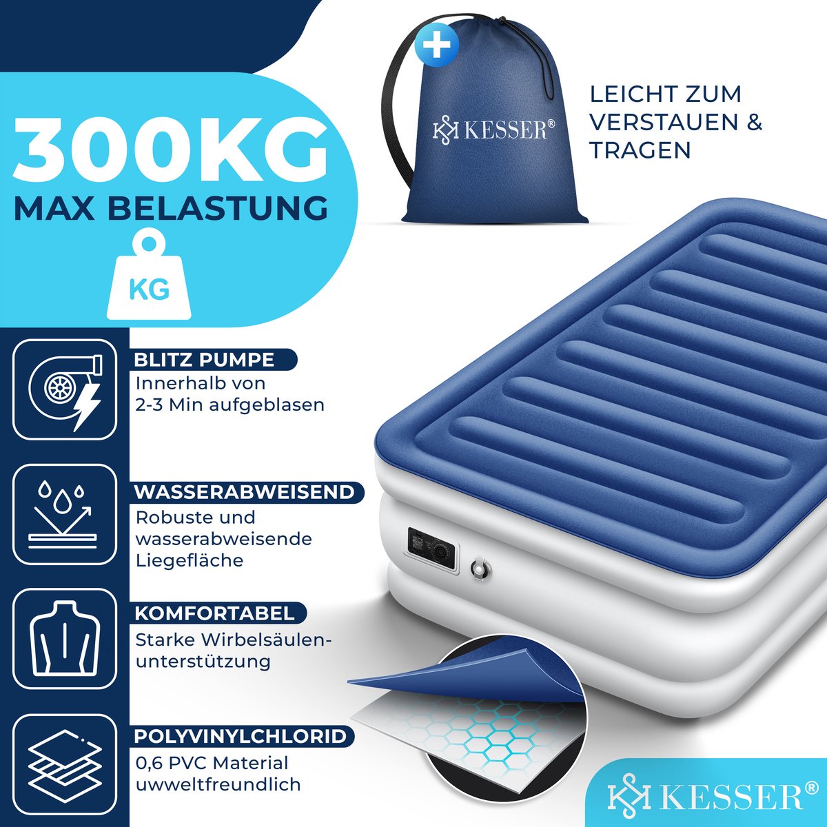 KESSER® Luchtbed - Opblaasbaar Matras - Elektrische Pomp - Wit •