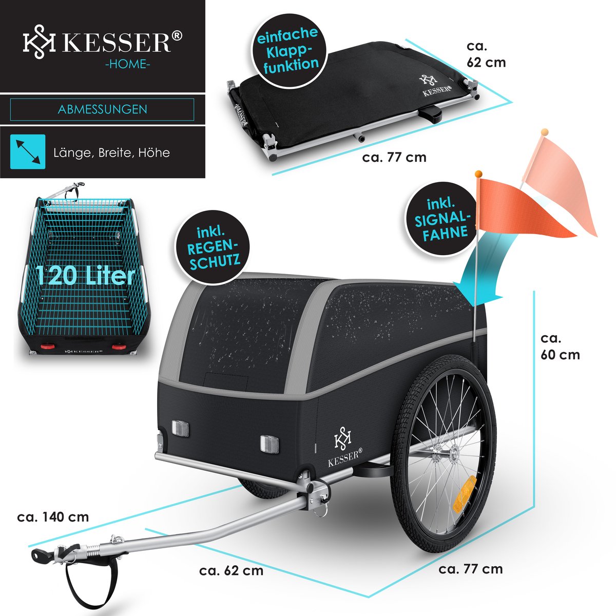 KESSER® Fietskar - Fietsaanhanger - Lichtgrijs / Antraciet