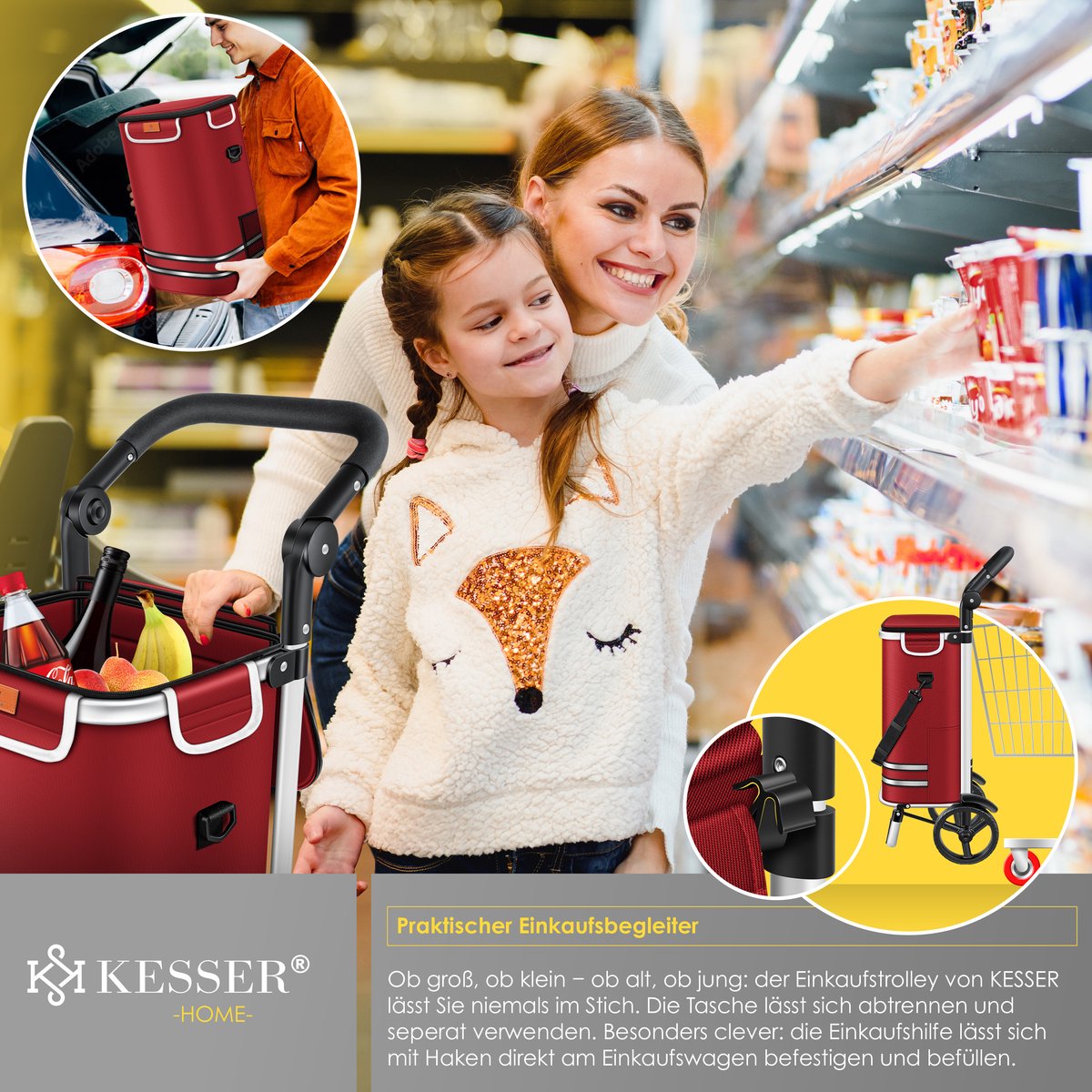 KESSER® Boodschappentrolley - Boodschappenwagen - 56L - tot 50kg  - Rood