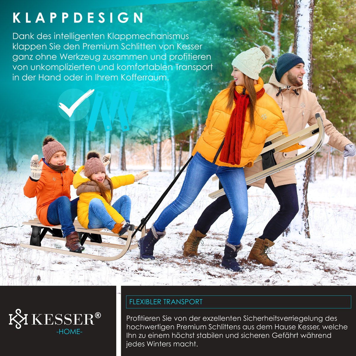 KESSER® Houten slee Premium slee Opvouwbare kinderslee van beukenhout incl. trektouw Slider Metalen lopers - Houten slee, Zwart
