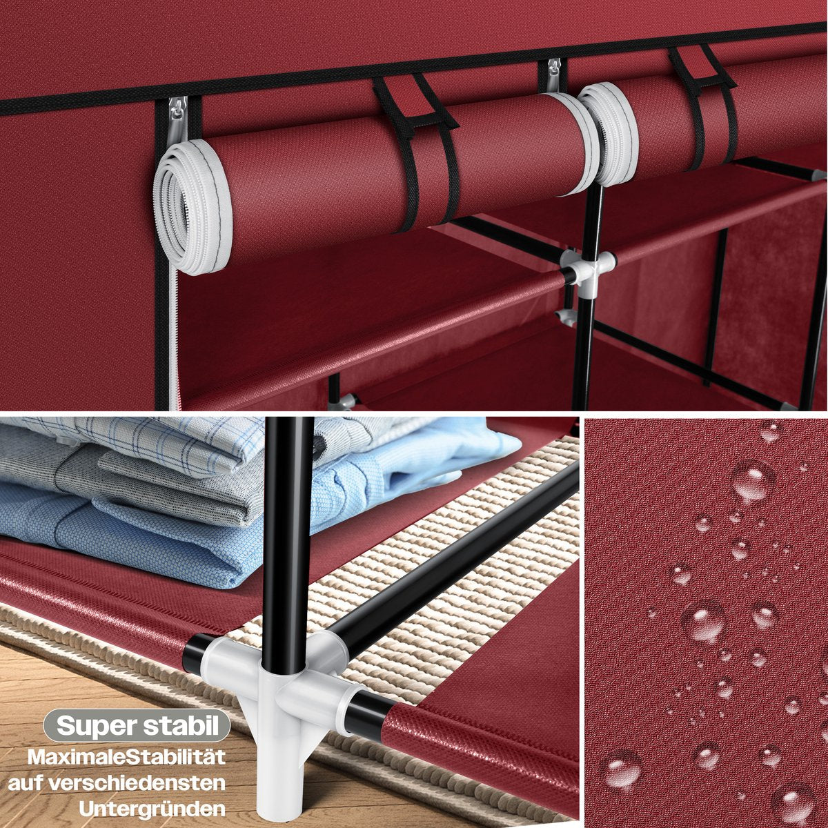 KESSER® Kledingkast in Stof en Metaal 150x45x175cm - opvouwbaare Garderobekast Stabiel met Kledingstang & Planken, Inclusief 5x Kledinghangers Kleerkast - Legplank Kast voor Slaapkamer met Kledingrek - Bordeux