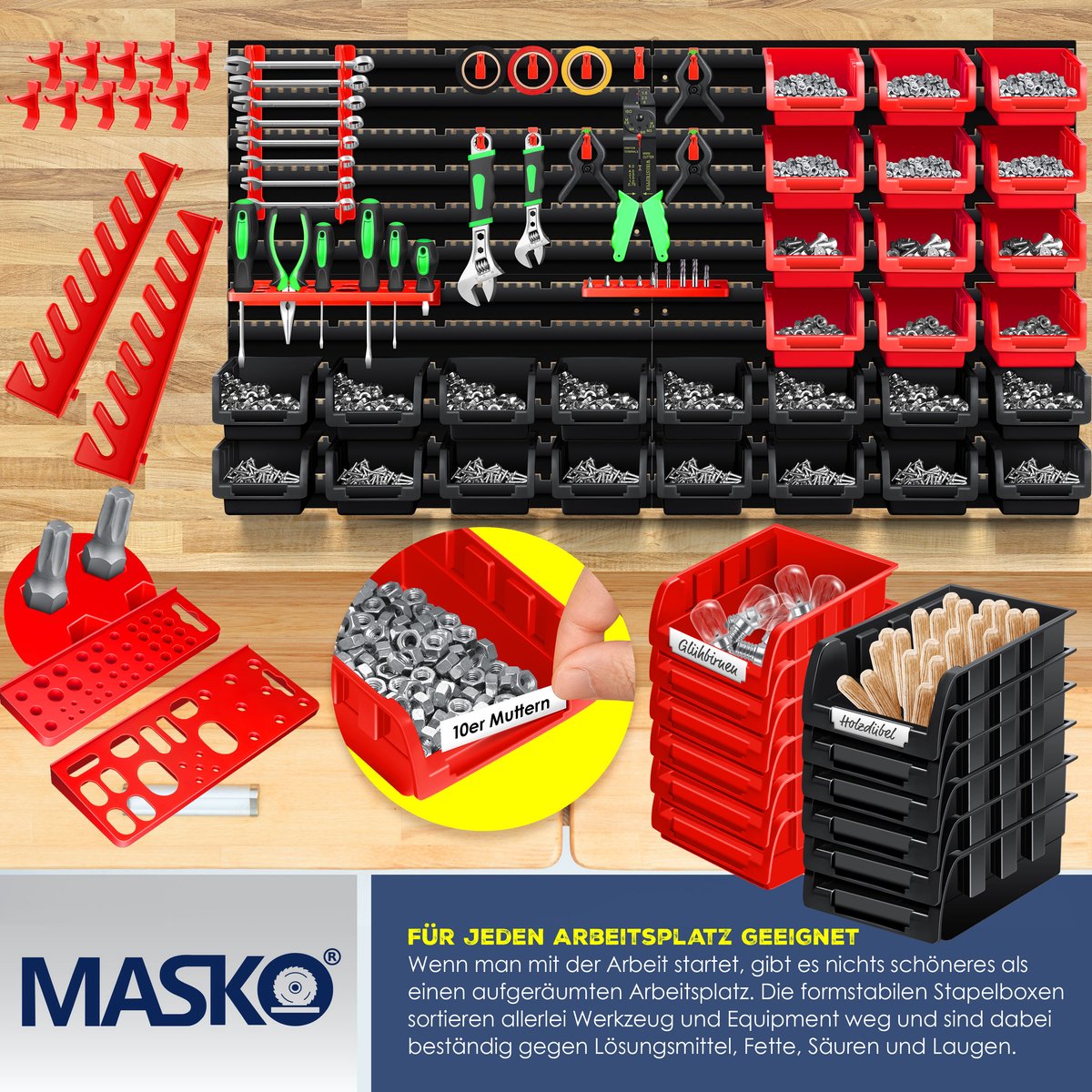 MASKO® Gereedschapswand - 45-delig - Inc. Haken - Rood