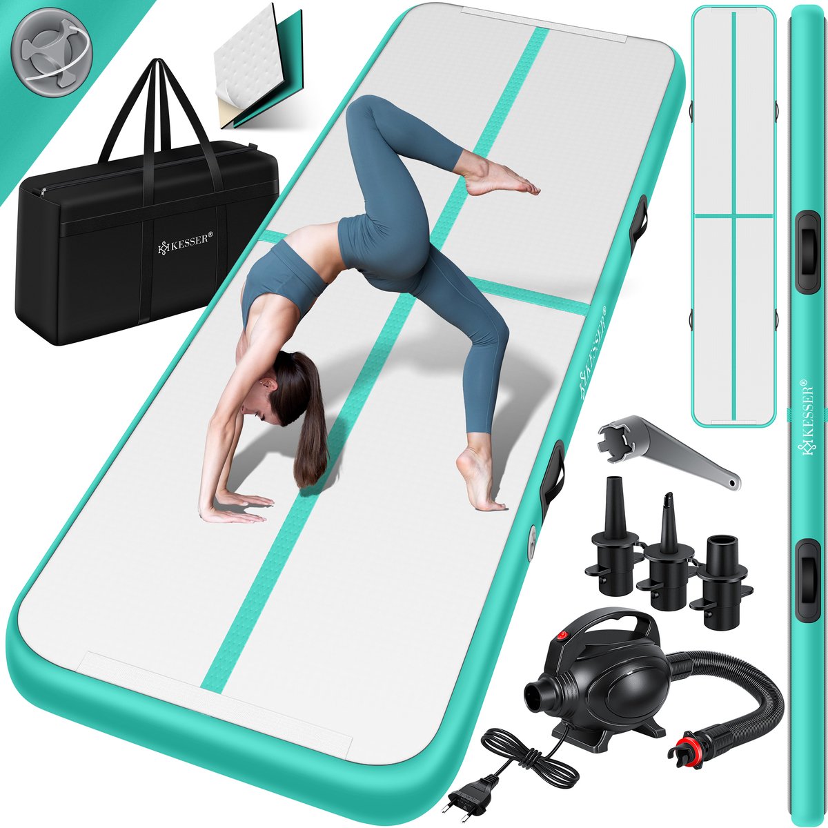 KESSER® Gymnastiekmat Opblaasbare Airtrack Fitnessmat|Yogamat,Tumblingmatten,Trainingsmat,Sportmat |Sporten & Spelen|Buiten & Binnen|incl. Draagtas & Electr. Luchtpomp - Mintgroen / 5M