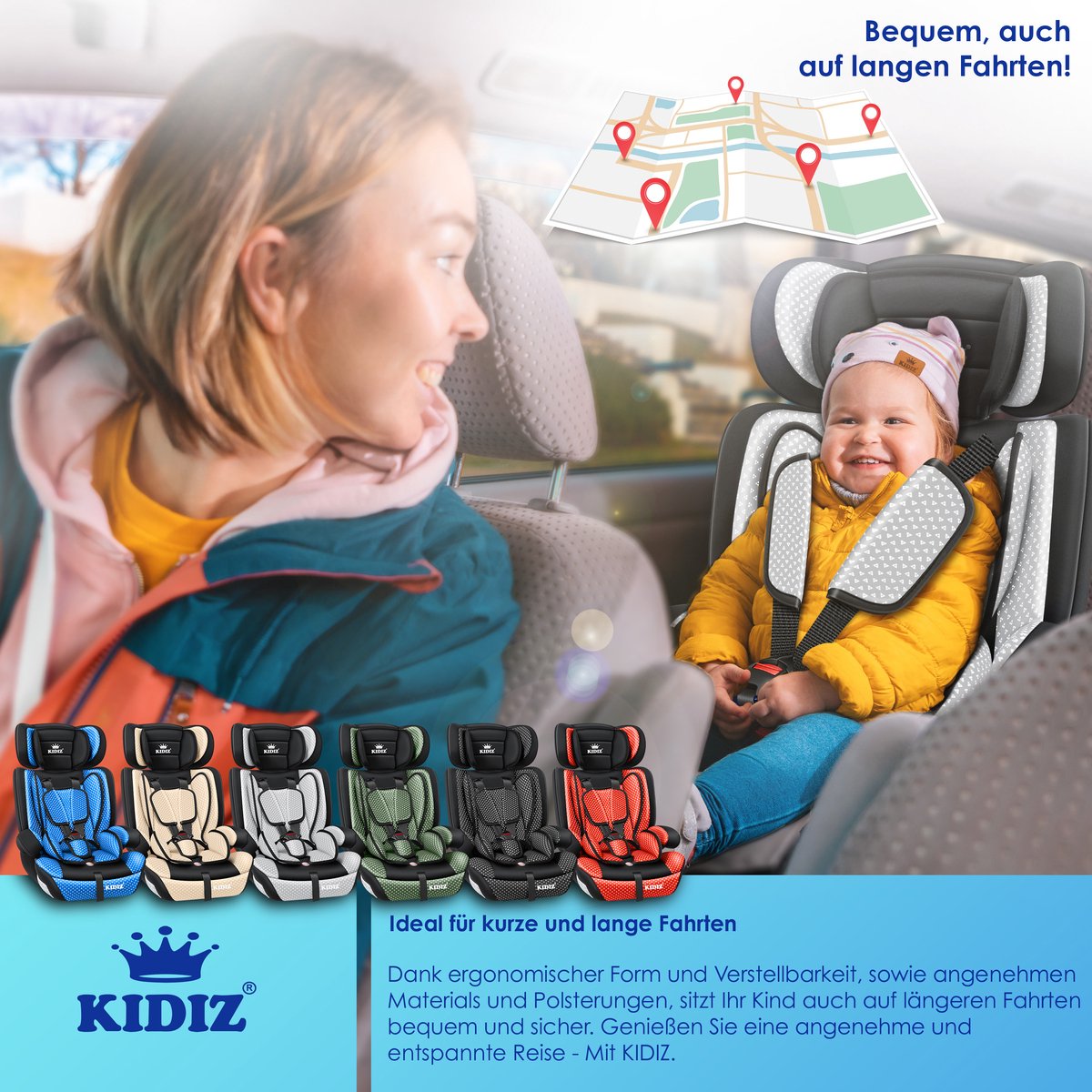 KIDIZ® Autostoeltje - 5-punts veiligheidsgordel - Grijs