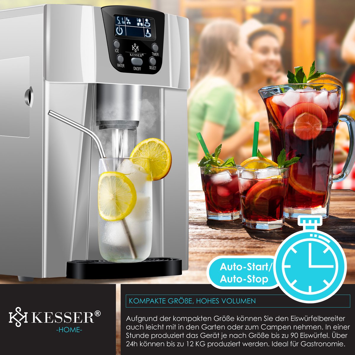 IJsblokjesmachine – 12kg/24 uur – IJsmachine - IJsblokjesmaker - Grijs - KESSER®
