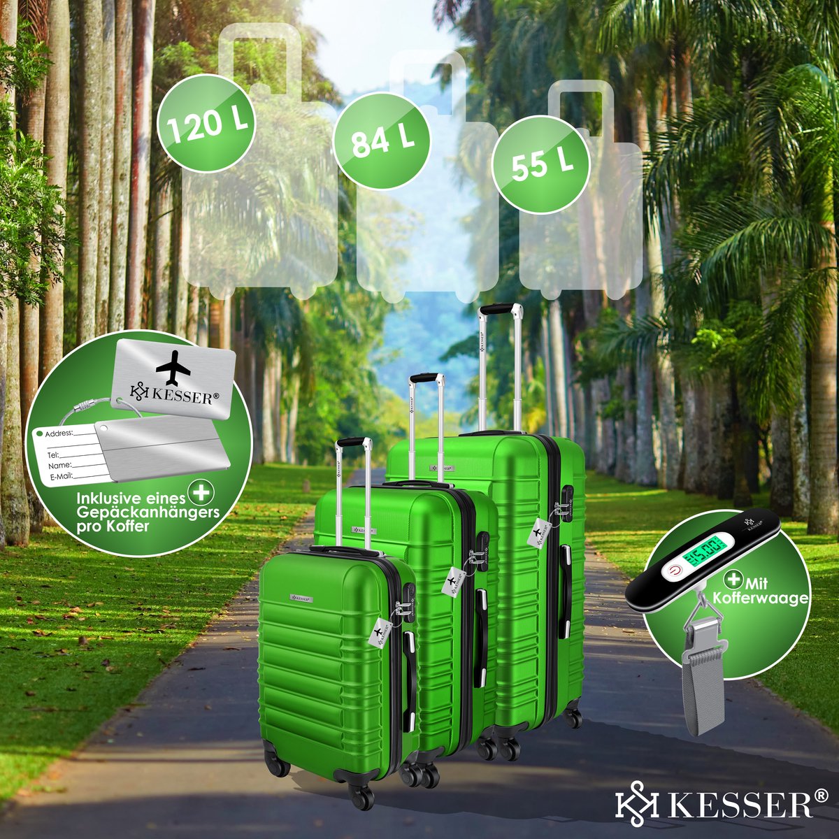 Kofferset - 3 delig - Trolley - Reiskofferset - Groen - KESSER® •