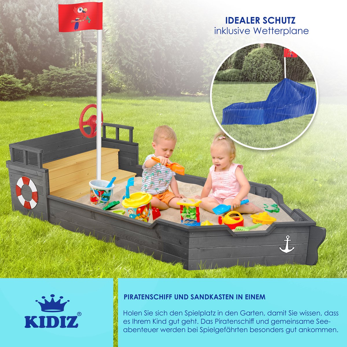KIDIZ® Zandbak piratendesign - Met bankje - Antraciet