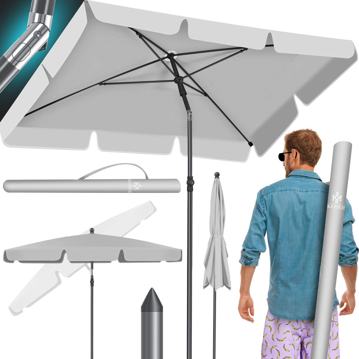 KESSER® Stokparasol Inclusief Beschermhoes & Draagtas 200 × 125cm - Parasol voor Balkon, Tuin & Terras Tuinparasol Strandparasol - Lichtgrijs