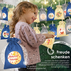 KESSER® Adventskalender om zelf te vullen 24 Jute Zakjes Bedrukte Stoffen Kerst Zakjes Incl. 24x Labels + 1 Grote Stoffen Opbergzak Advent Kalender - Blauw / Gekleurd - 16cm x 12cm