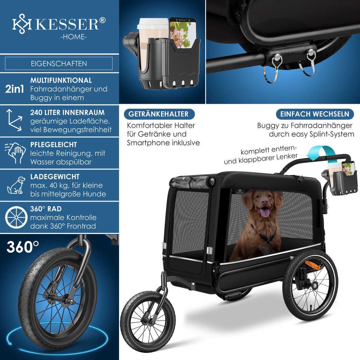 KESSER® Hondenfietskar tot 40 kg 3in1 Hondenbuggy - Fietskar Hond Jogger - Zwart