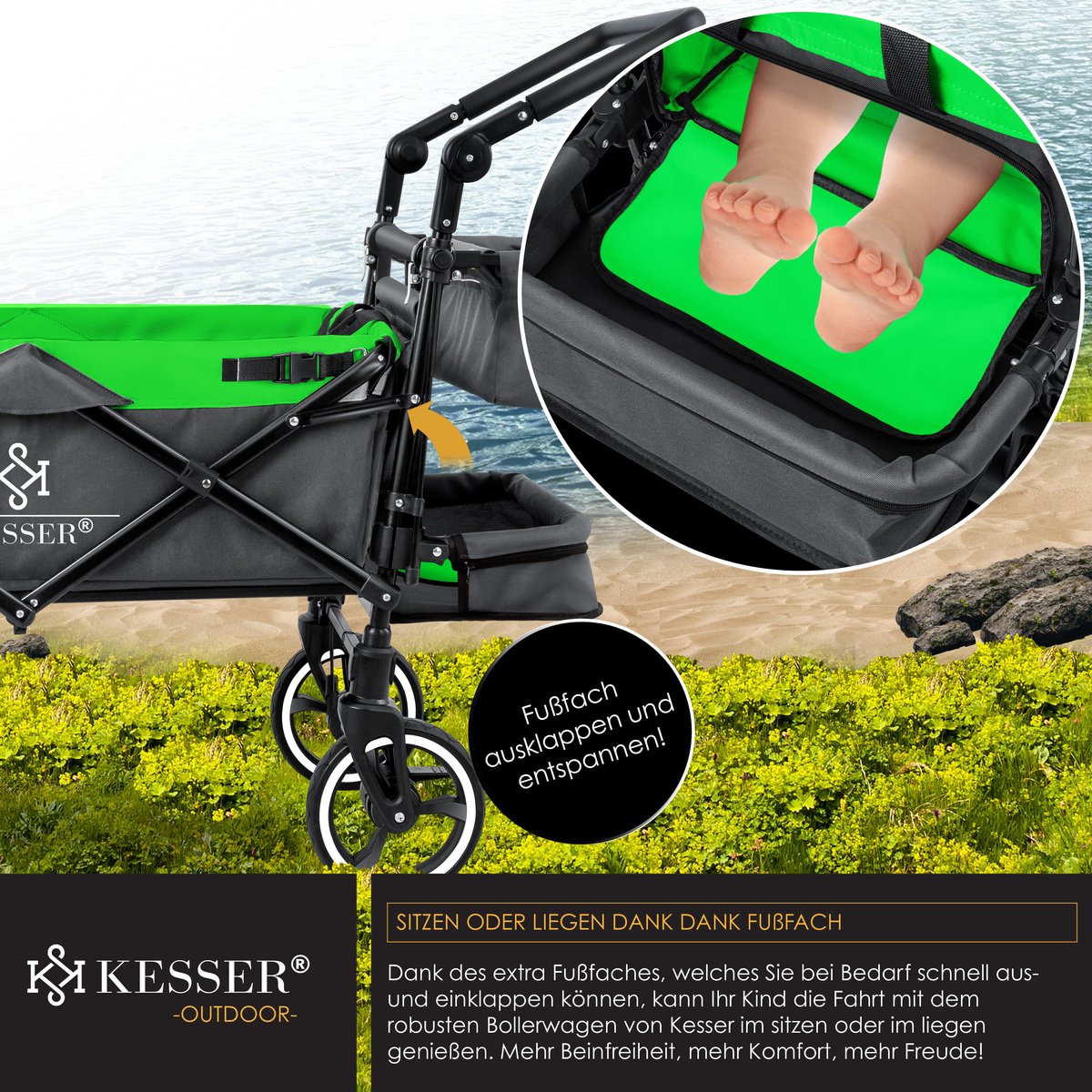 KESSER® Bolderkar GTS-9100 opvouwbaar met Dak tot 80 kg draagvermogen - Antraciet / Neongroen