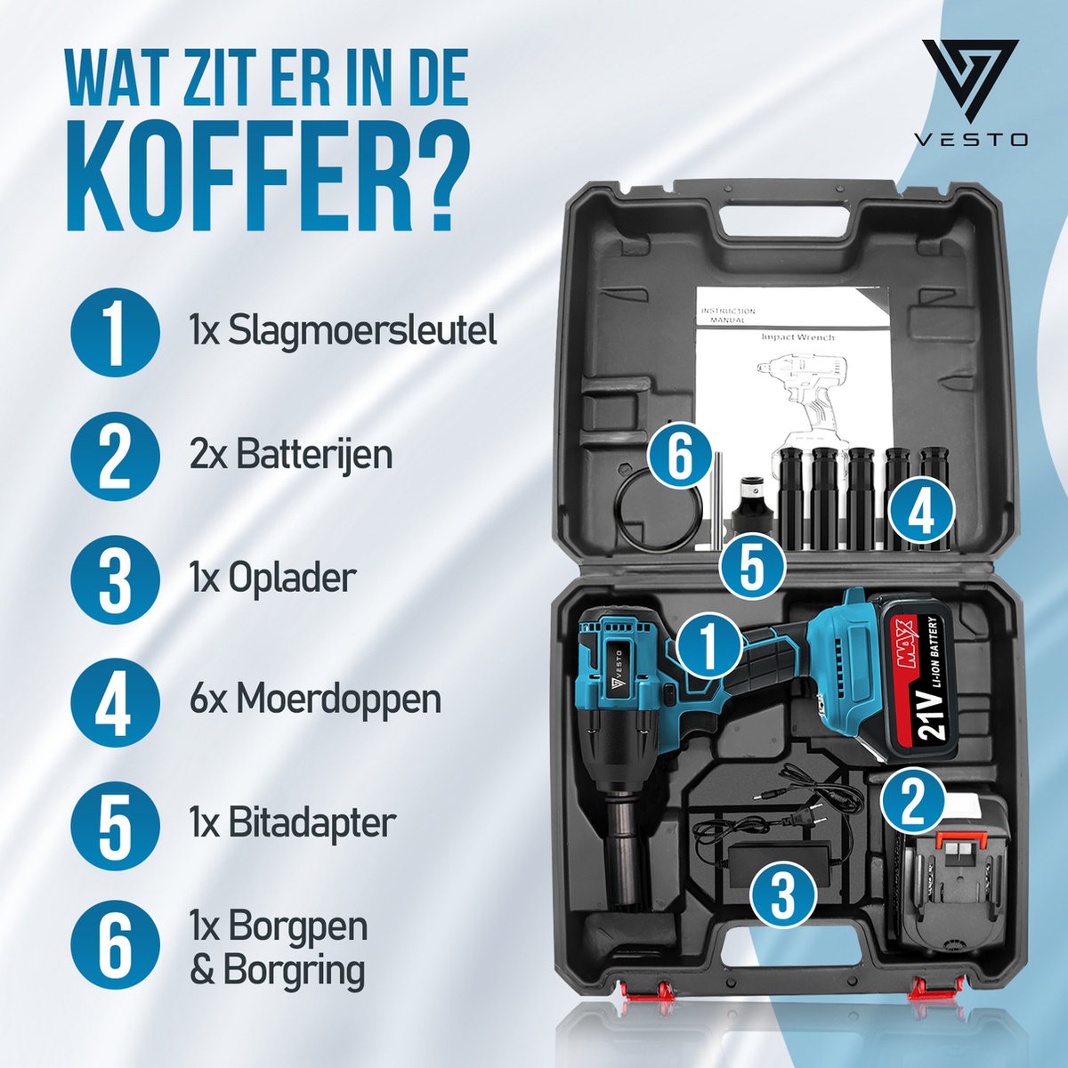 Vesto® Accu Slagmoersleutel 21V - incl. 6x Moerdoppen, Bitadapter, Borging en 2x Accu - 600Nm - Slagmoersleutelset - Slagmoersleutel met accu - Elektrisch - Slagschroevendraaier - Wieldoppen