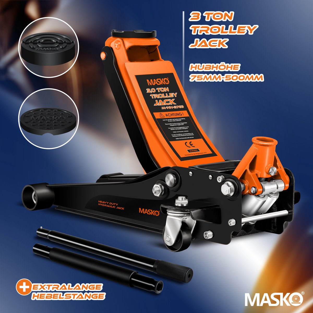MASKO® krik hydraulische vlakke hefhoogte garagekrik + 2x rubber pads + handschoenen autokrik rangeerkrik hydraulische 360° rollen auto krik onder standaard - 3 Ton - Oranje