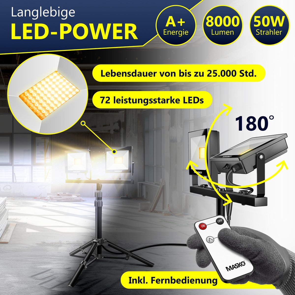 MASKO® LED Bouwlamp - 2x50W - Werklamp - IP65  - Zwart
