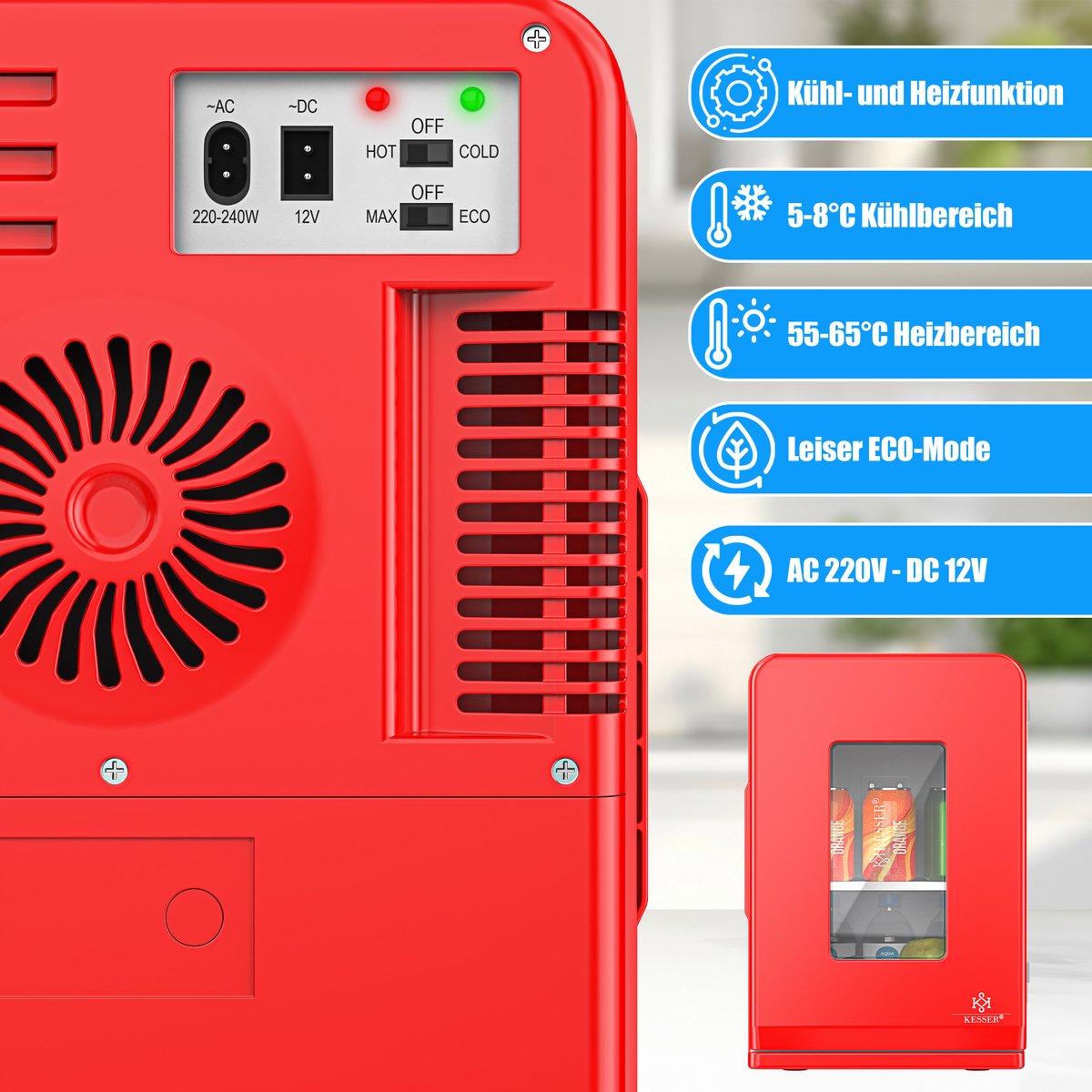 KESSER® Tafelmodel Koelkast 15 Liter AC DC 220-240V en 12V - Mini Koelkast Vrijstaand met Verwarmingsfunctie - Koelbox ideaal voor Auto en camperen - Rood